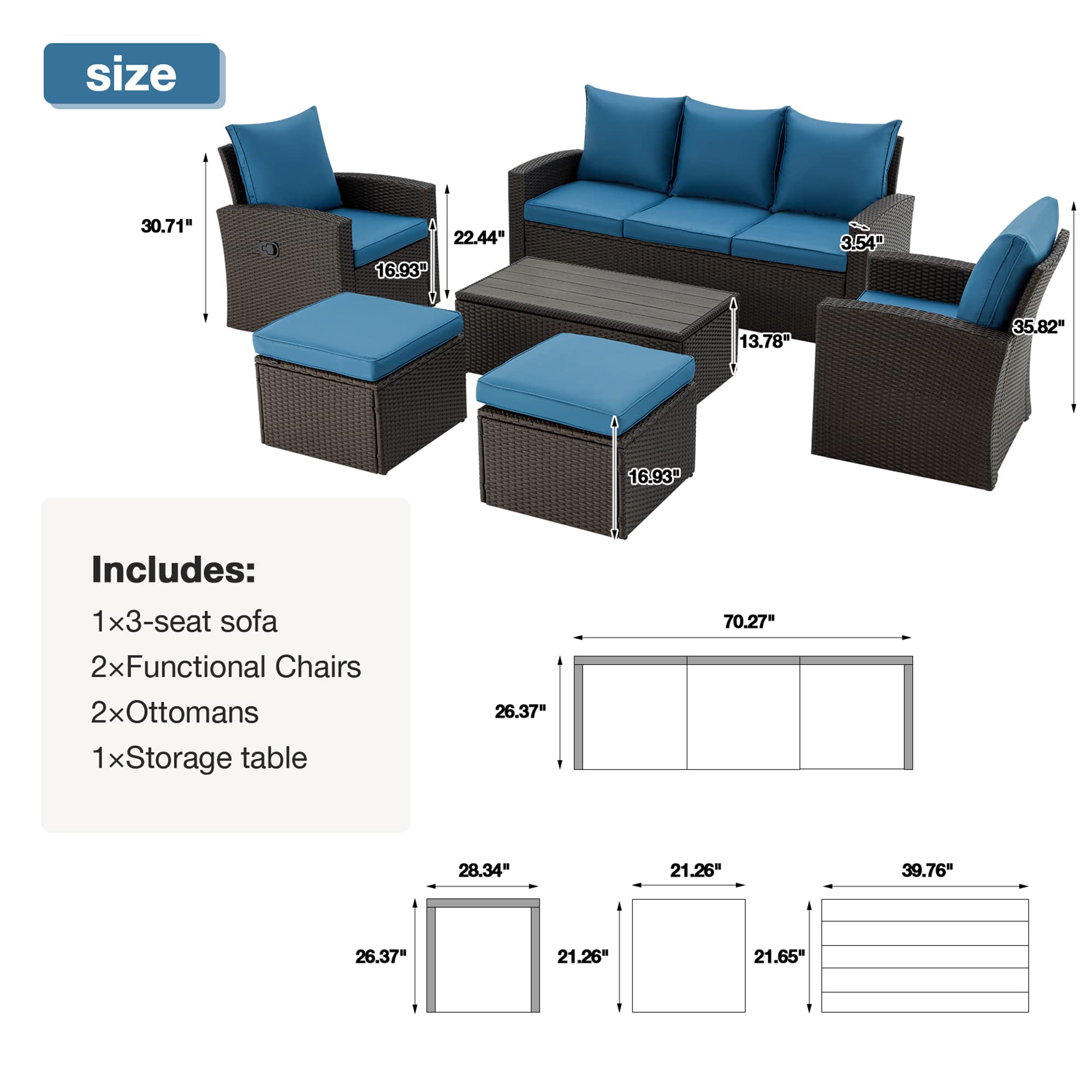 GYUTEI 6 Piece Patio Furniture Set, Outdoor Sectional Conversation Rattan Sofa Set with Ottoman and Outdoor Storage Table for Garden, Porch, Backyard(Blue)