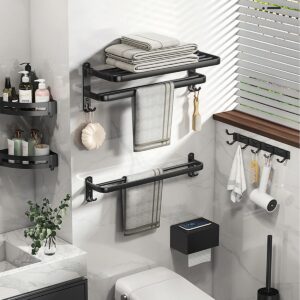 Towel Racks for Bathroom 24 inch, Matte Black Towel Rack Wall Mounted with Double Shelf, Bathroom Towel Shelf with Towel Bar, Rustproof Wall Towel Rack with Hooks, Adhesive Bath Towel Holder