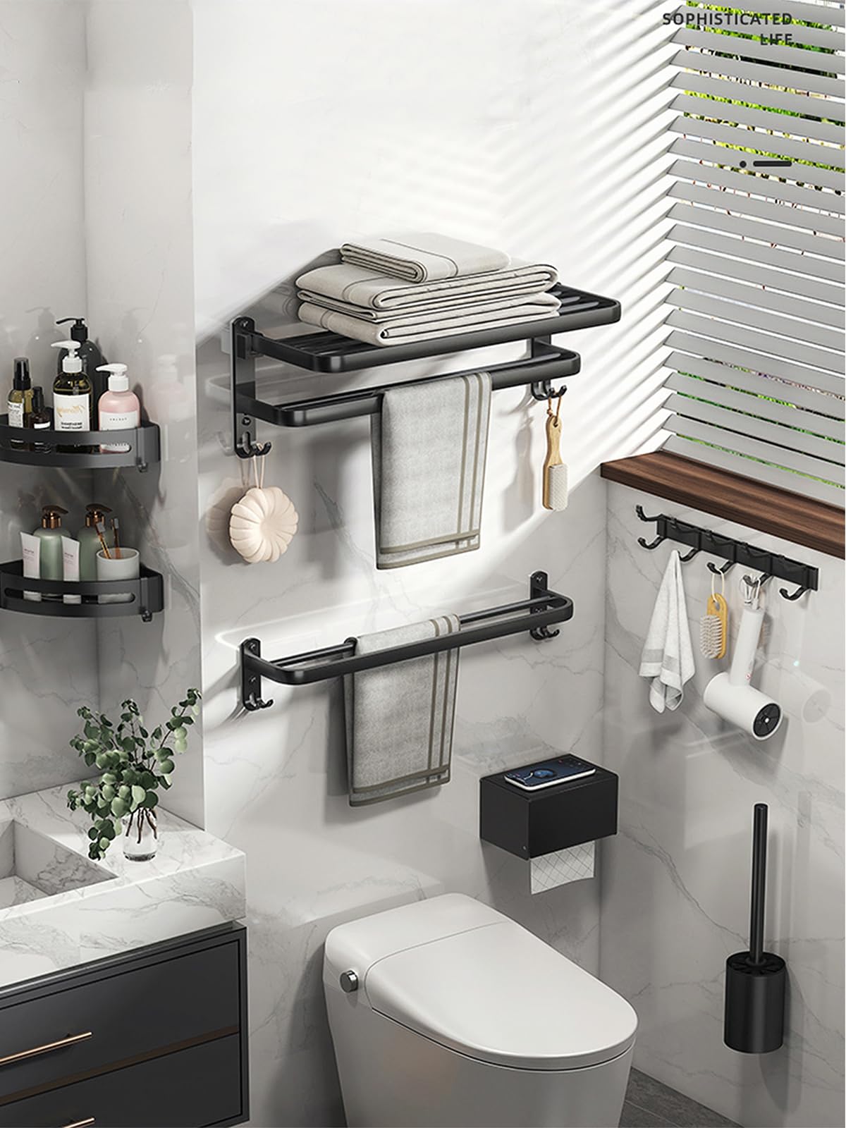 Towel Racks for Bathroom 24 inch, Matte Black Towel Rack Wall Mounted with Double Shelf, Bathroom Towel Shelf with Towel Bar, Rustproof Wall Towel Rack with Hooks, Adhesive Bath Towel Holder