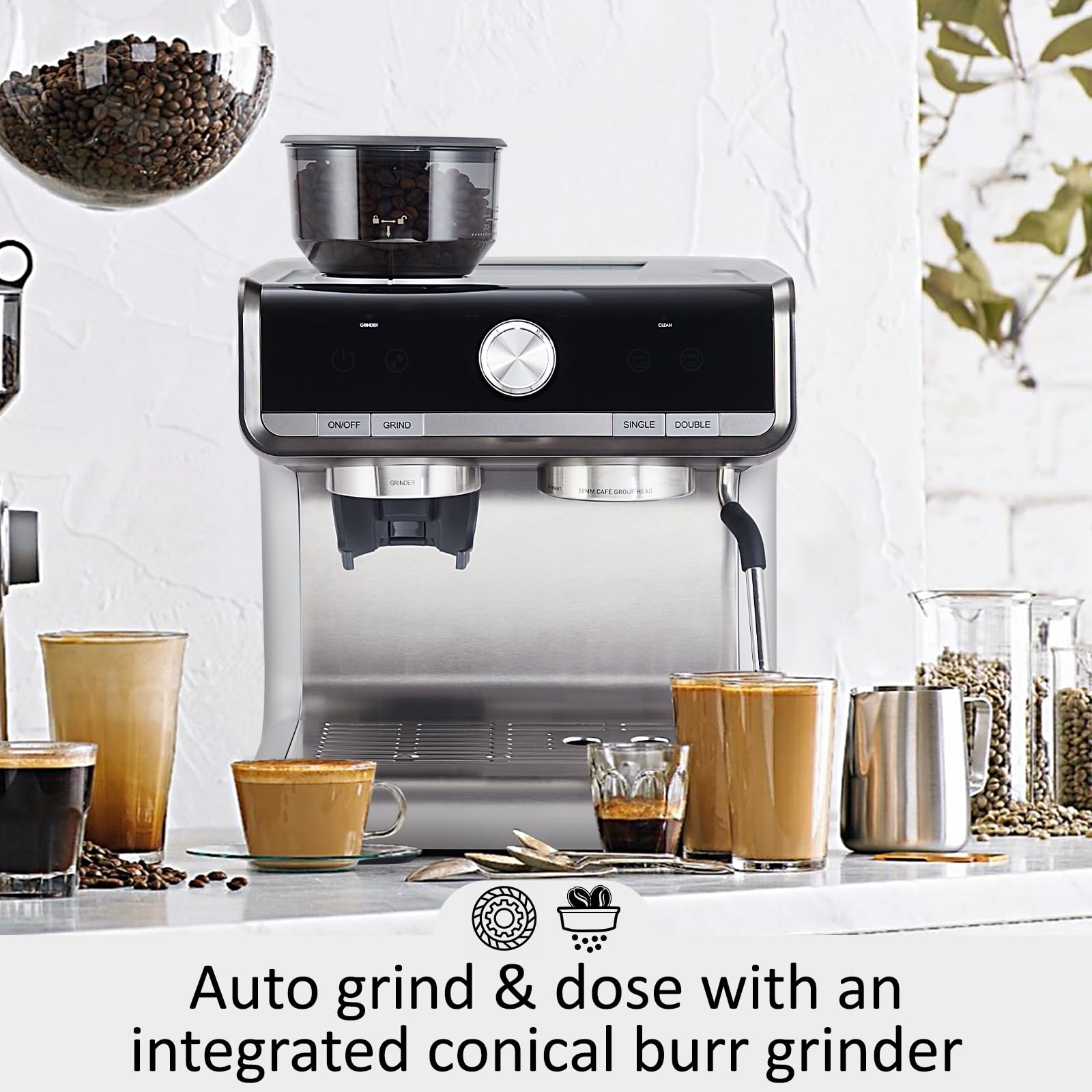 CuisinAid Espresso Machine, 20 Bar Espresso Maker With Grinder, Milk Frother, Steam Wand, Coffee Maker With 2.8L Removable Water Tank For Home Capuchinos, Latte, Gift