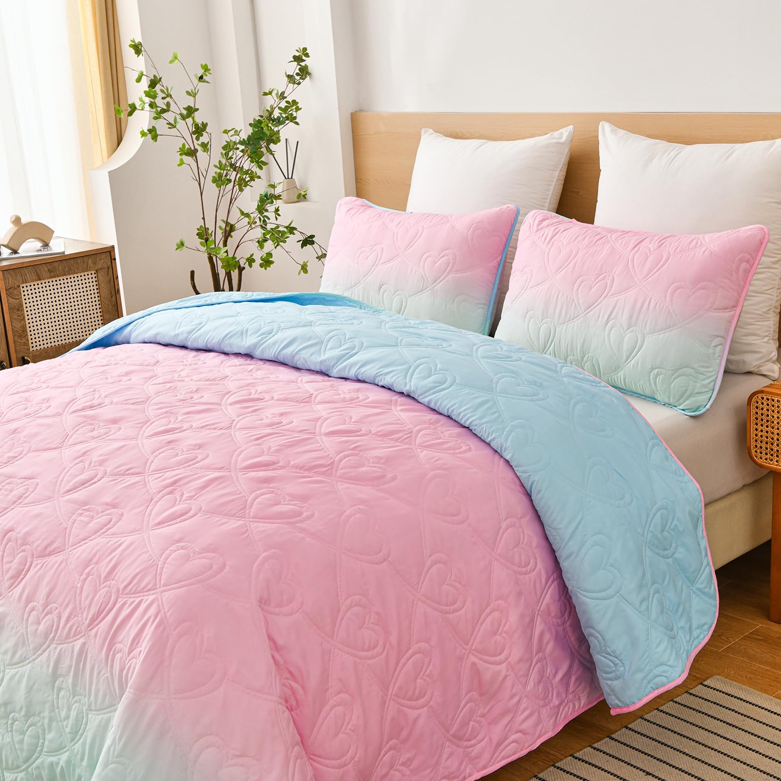 Pink Quilt Set Queen Ombre Blue Pink Mint Quilt Sets Kids Girls Bedding Set 3PCs Summer Reversible Lightweight Microfiber Bedspread Coverlet Sets for All Season (96''x90'')