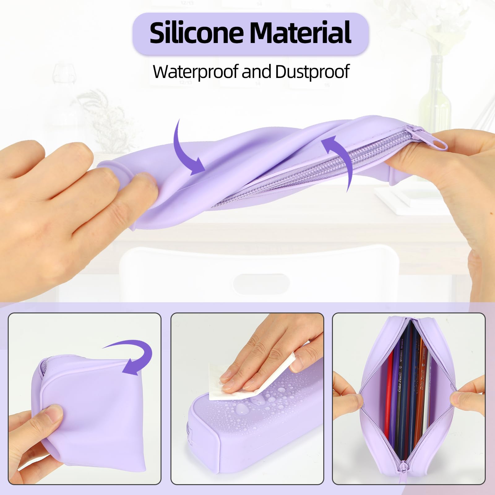 Silicone Zipper Pencil Bag, Waterproof Pencil Bag, Multifunctional Large-Capacity Storage Bag, Silicone Pencil Pouch Suitable for School Supplies, Cosmetics (Purple)