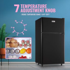 WANAI Double Door Small Refrigerator with Freezer-on-top, 3.5 Cubic Feet Mini Fridge with 7-Level Adjustable Thermostat for Office, Dorm, Bedroom, Home and Apartment, Black