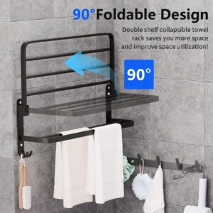 Towel Racks for Bathroom 24 inch, Matte Black Towel Rack Wall Mounted with Double Shelf, Bathroom Towel Shelf with Towel Bar, Rustproof Wall Towel Rack with Hooks, Adhesive Bath Towel Holder