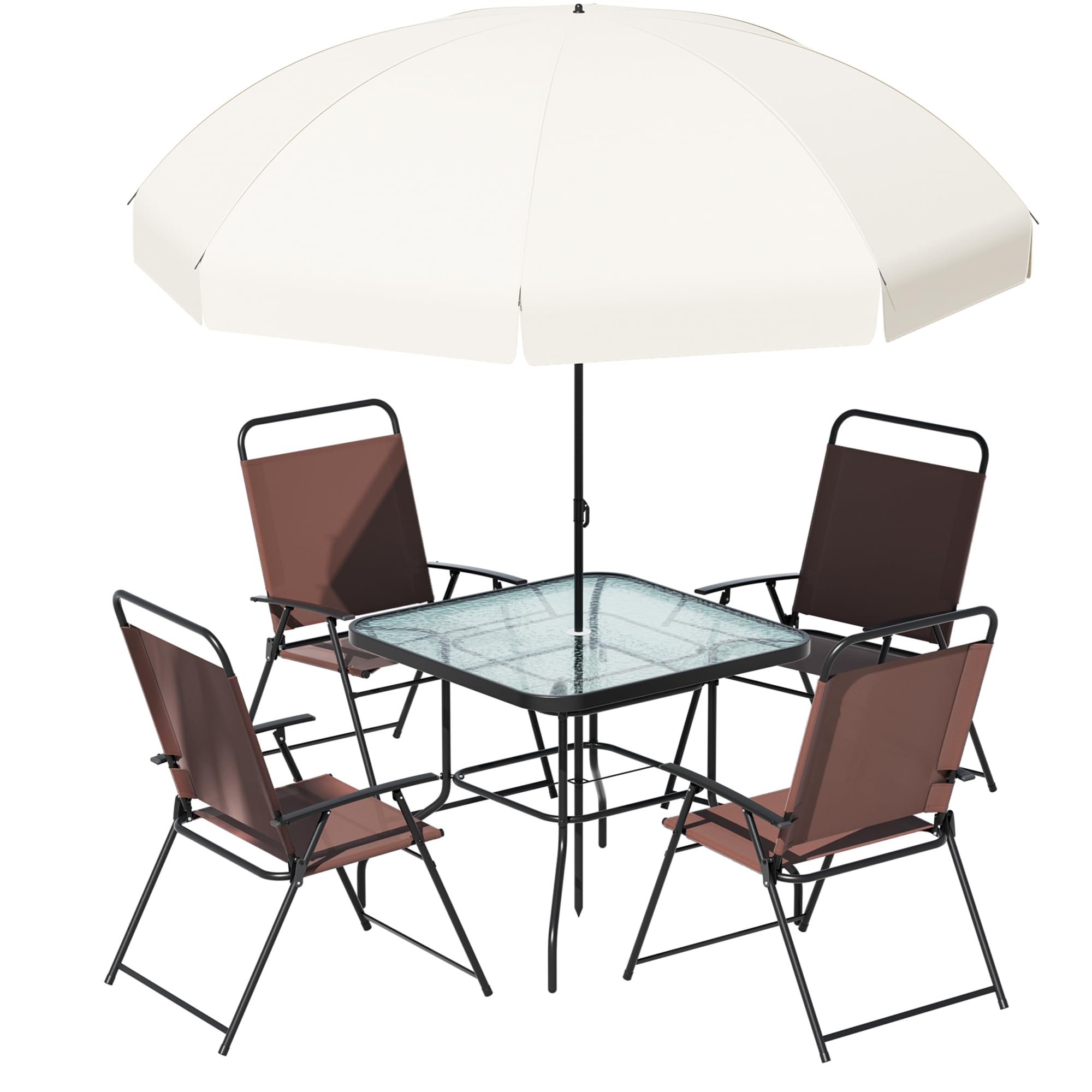 Amopatio Patio Dining Set for 4, Outdoor Table and Chairs with Umbrella, 4 Folding Dining Chairs & Glass Table for Lawn, Deck, Garden, Backyard, Deck, Brown, Patio Furniture Set