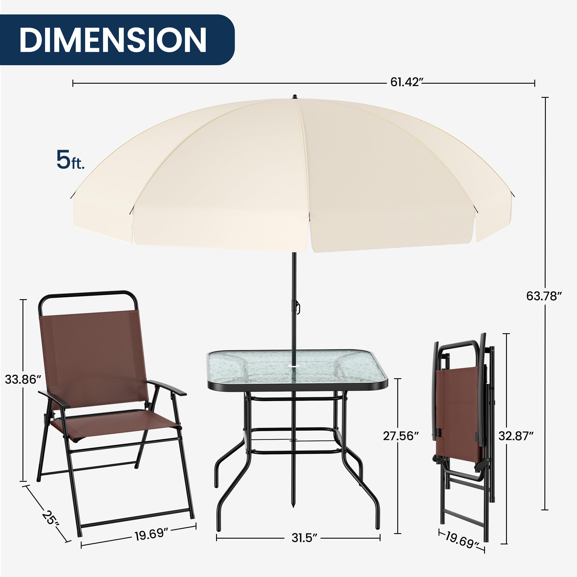 Amopatio Patio Dining Set for 4, Outdoor Table and Chairs with Umbrella, 4 Folding Dining Chairs & Glass Table for Lawn, Deck, Garden, Backyard, Deck, Brown, Patio Furniture Set