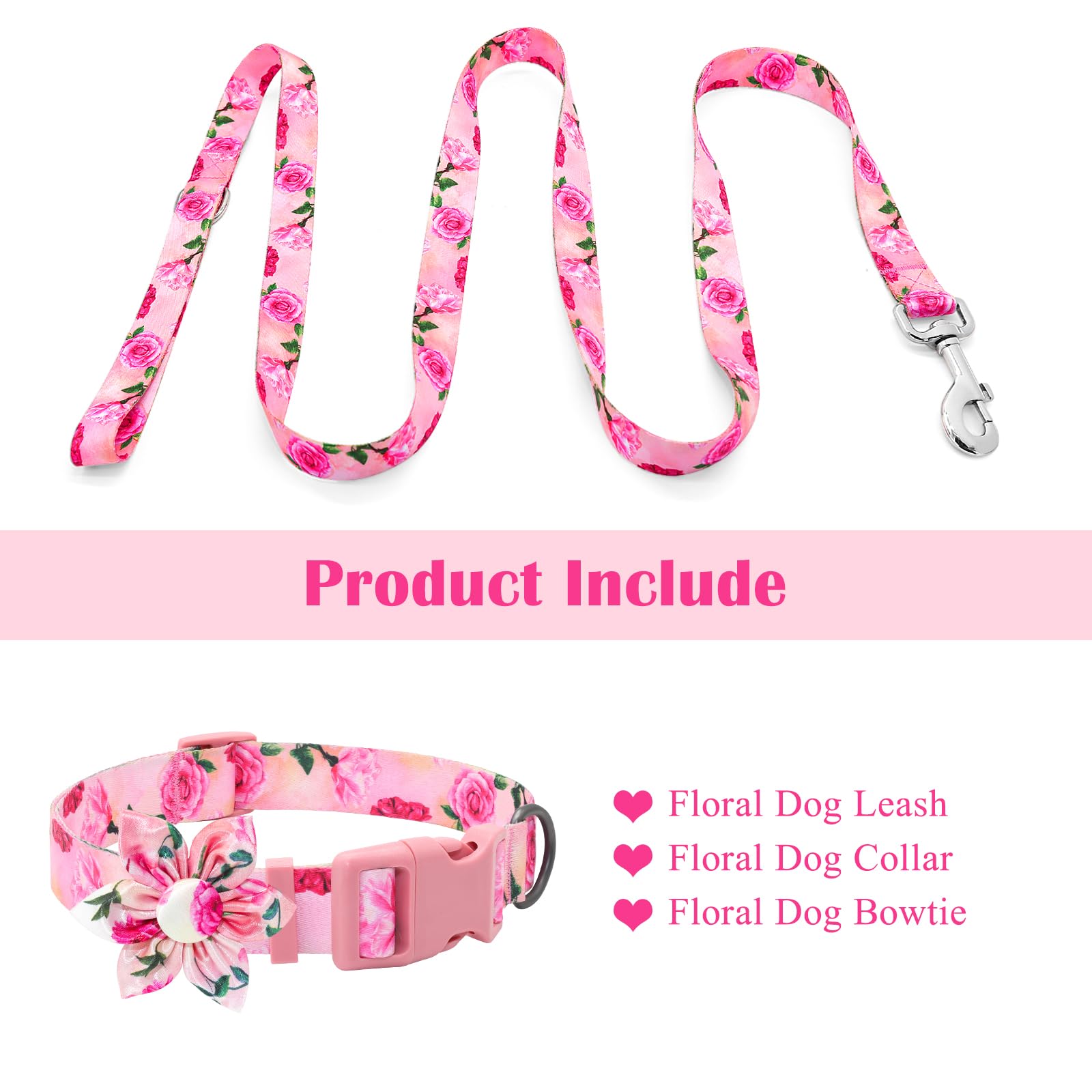 DQGHQME Dog Collar and Leash Set Girls 5ft/Foot Pink Dog Leash and Collar Adjustable Dog Harness and Leash Set Puppy Collars with Beautiful Floral Bow Tie for Small Medium Large Female Dogs,Rose Pink