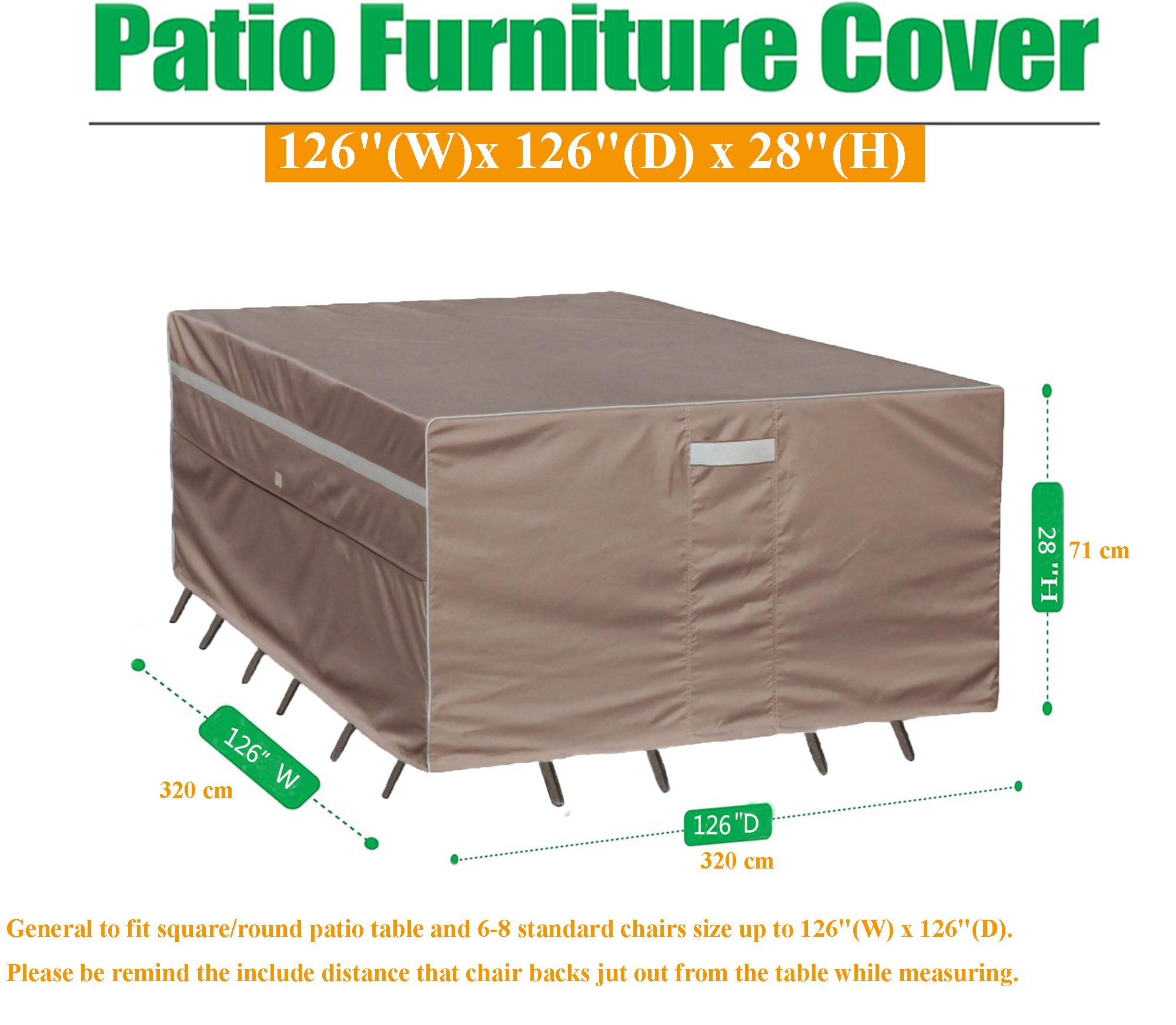 Garden Balsam Heavy Duty Waterproof Patio Furniture Covers,Fade Resistant Outdoor Table and Chair Covers Large Square 126"Wx 126"D x 28"H Brown