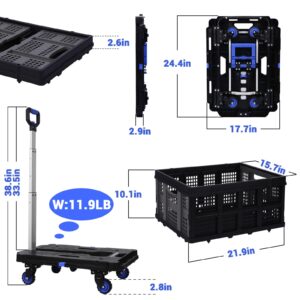 XCBYT 2 in 1 Folding Hand Truck Dolly Cart with Basket Heavy Duty 330 LBS Utility Foldable Dolly Platform Trucks with 4 Wheels & 2 Elastic Ropes Retractable Handle for Moving