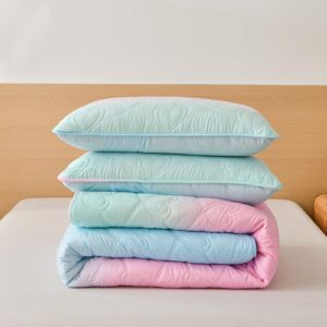 Pink Quilt Set Queen Ombre Blue Pink Mint Quilt Sets Kids Girls Bedding Set 3PCs Summer Reversible Lightweight Microfiber Bedspread Coverlet Sets for All Season (96''x90'')