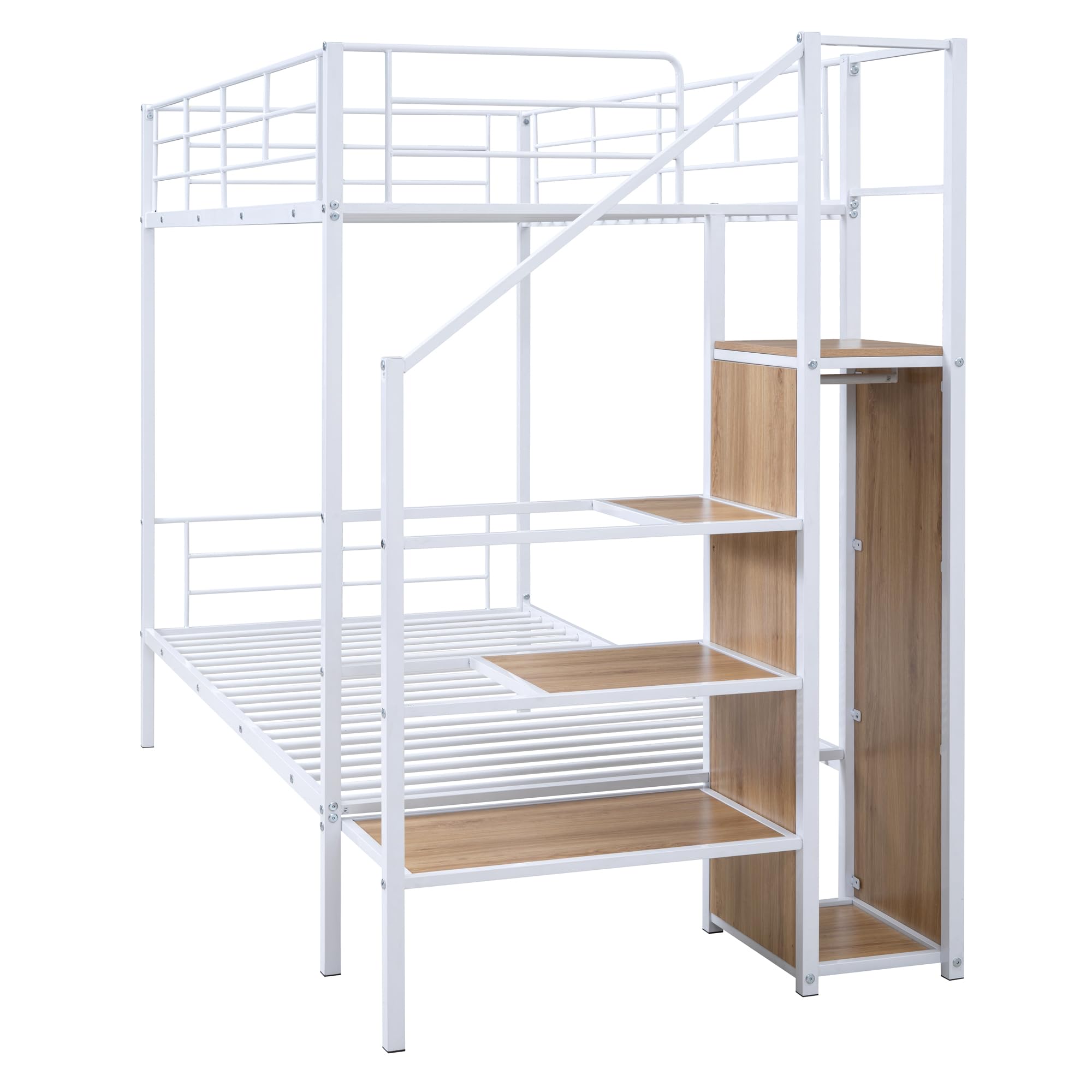 Harper & Bright Designs Twin Over Twin Bunk Beds with Storage Stairs & Wardrobe, Heavy Duty Metal Bunk Bed Frame with Guardrail for Kids, Teens, Adults, No Box Spring Needed, White