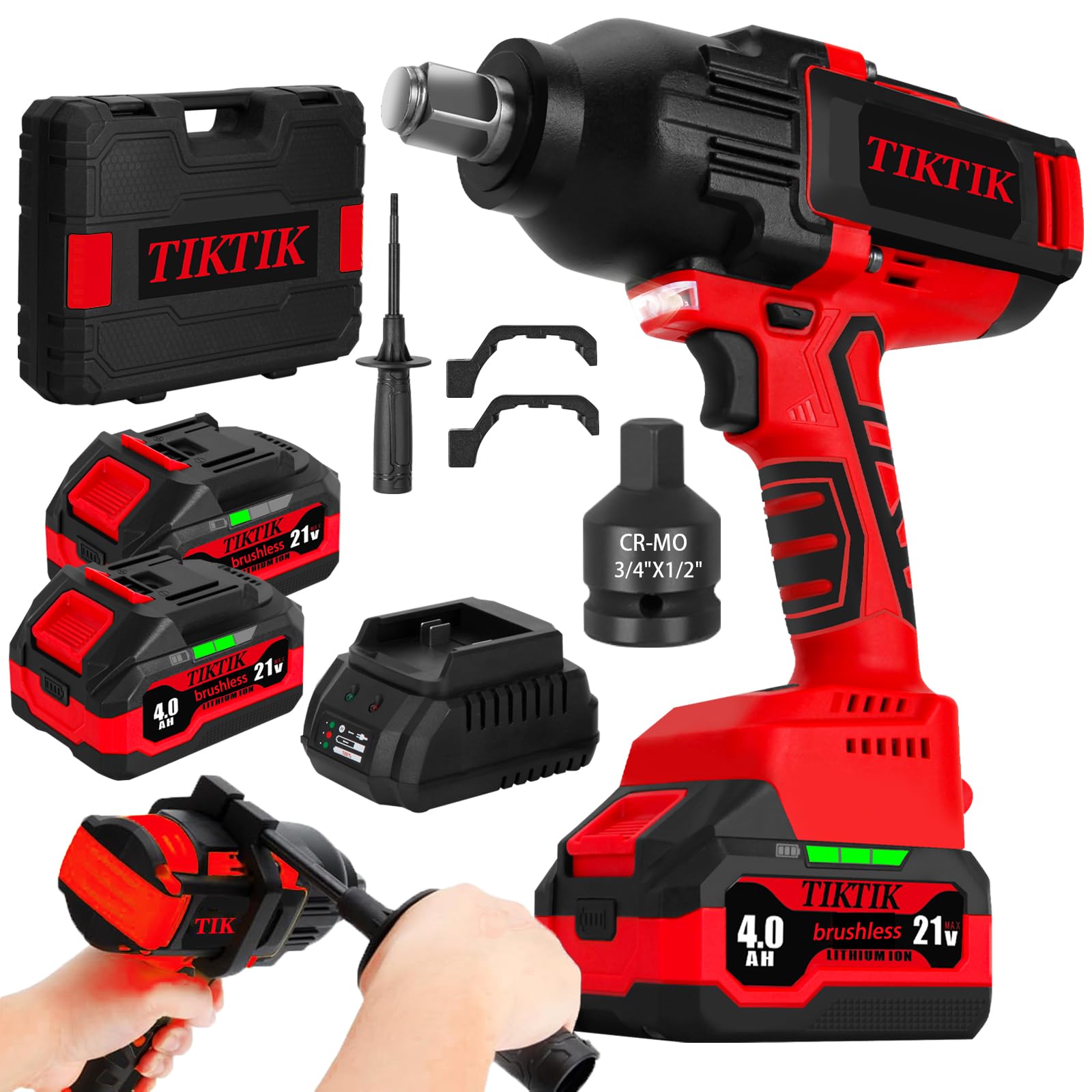 TIKTIK 2000N.m cordless impact wrench,3/4" to 1/2" power impact wrenches,1500Ft-lbs High Torque Brushless Impact Gun w/ 2 x 4.0Ah Battery & Fast Charger,Electric Impact Wrench for Heavy-duty Truck RV