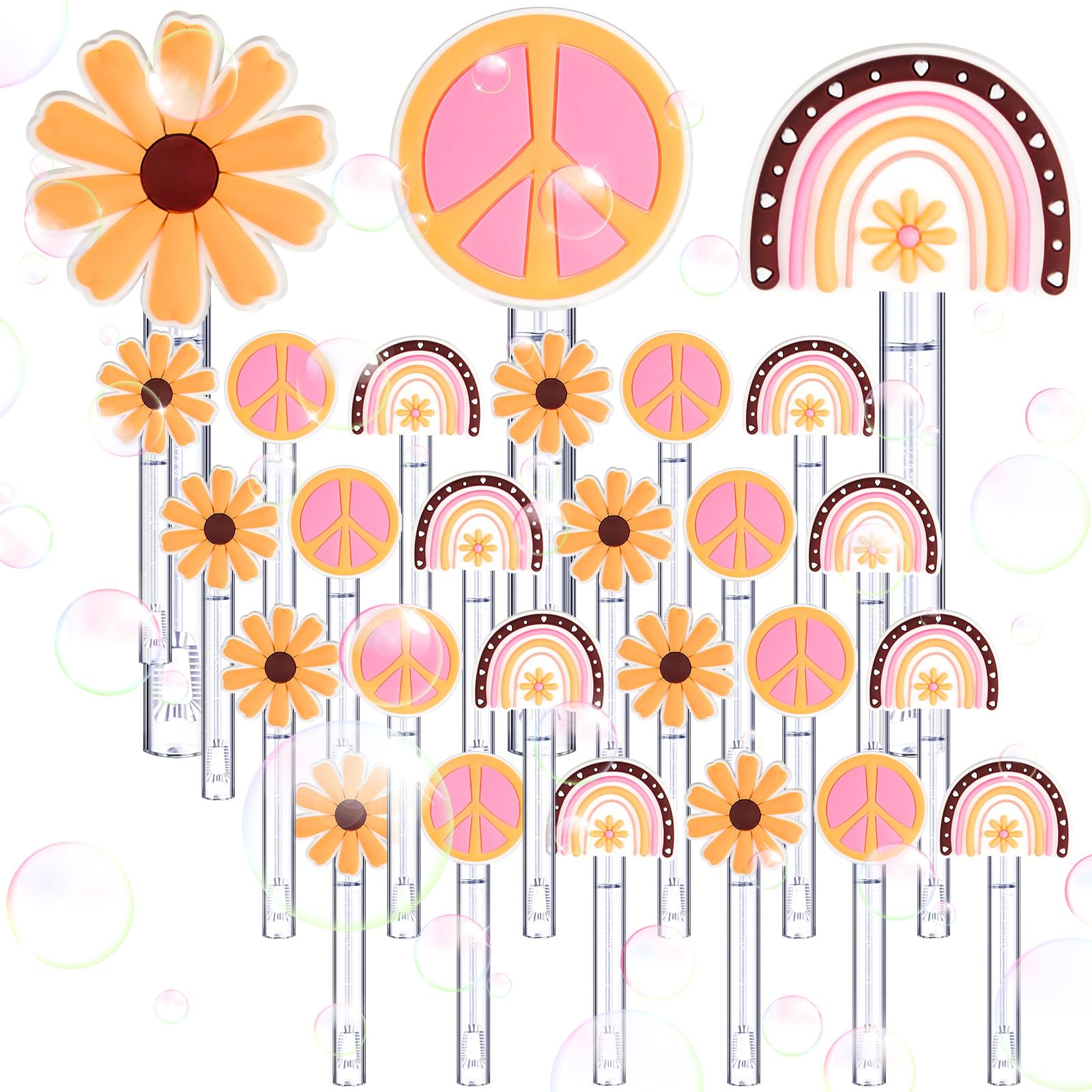 Seenelling 24 Pcs Groovy Hippie Mini Bubble Wand for Kids Boho Rainbow Daisy Peace Sign Bubble Party Favors Assortment Toys for Girls Boys Celebration Birthday Goodie Bag Stuffers Summer Outdoor Gifts