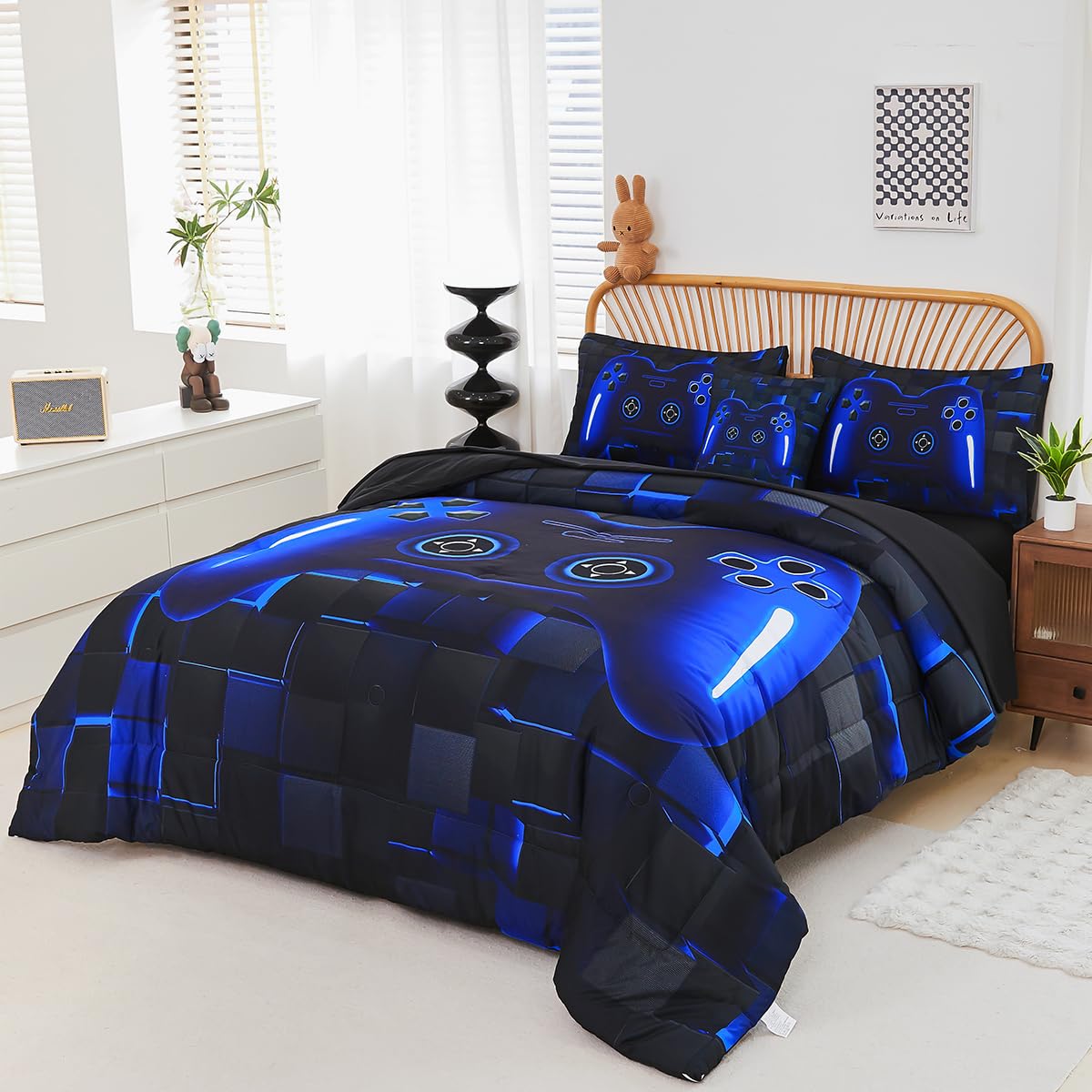 PERFEMET Twin Size Bed in A Bag 6 Pieces Gaming Bedding Set for Boys Blue Gamer Comforter with Sheet Set for Kids Teen Cool Video Game Black Quilt Bedding Set(Blue, Twin)