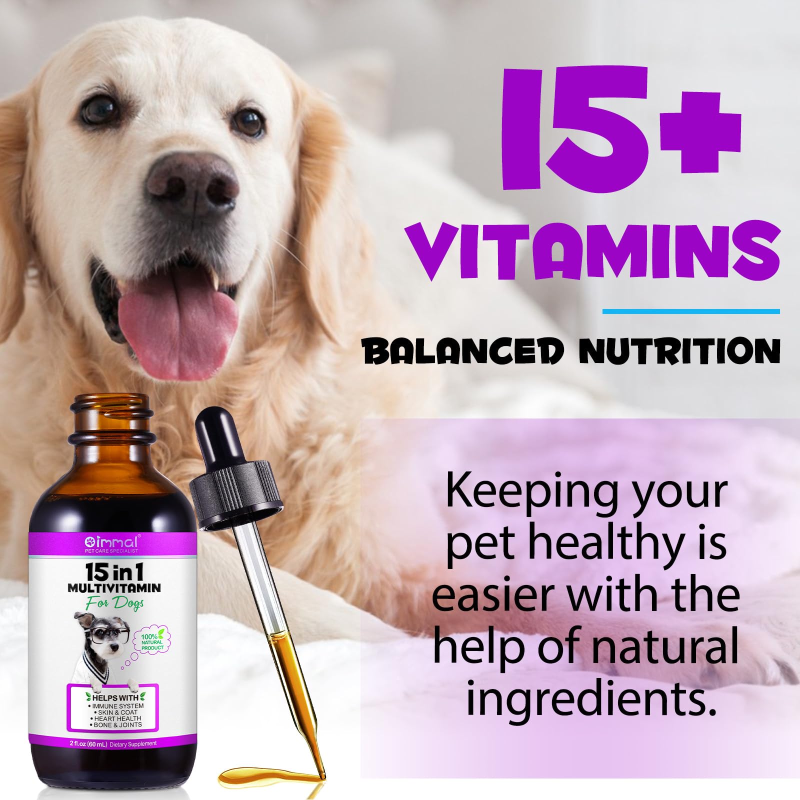 15 in 1 Dog Multivitamin Drops, Dog Multivitamin Liquid Supplements with Glucosamine & Probiotics, Dog Vitamins for Heart Health, Bones, Joint, Skin & Coat, Bladder, Immune System Support