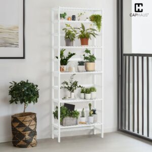 CAPHAUS 6-Tier Bamboo Shelf, Bamboo Open Storage Bookcase with Adjustable Layer, Freestanding Plant Display Stand, Multifunctional Storage Rack Stand for Bathroom, Bedroom, Kitchen, White