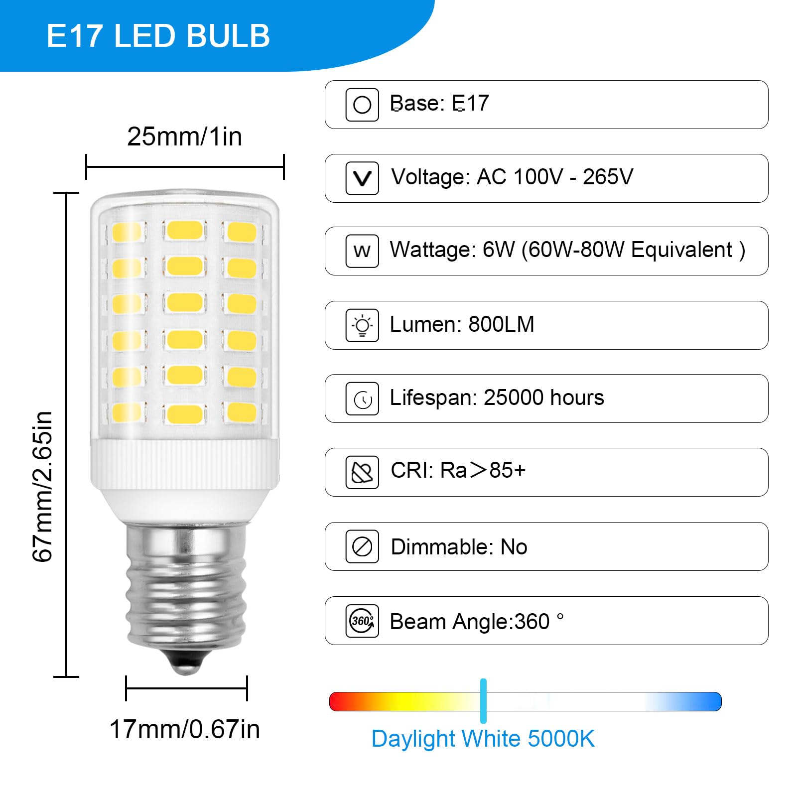 Freezer Light Bulb Replacement Kei D28a Kel 2811 E17 Led Bulb Intermediate Base Light Bulbs Kei D28x Kel 2816x Refrigerator Bulb Fridge Light Bulb 100-265V White 800LM (Pack of 1)