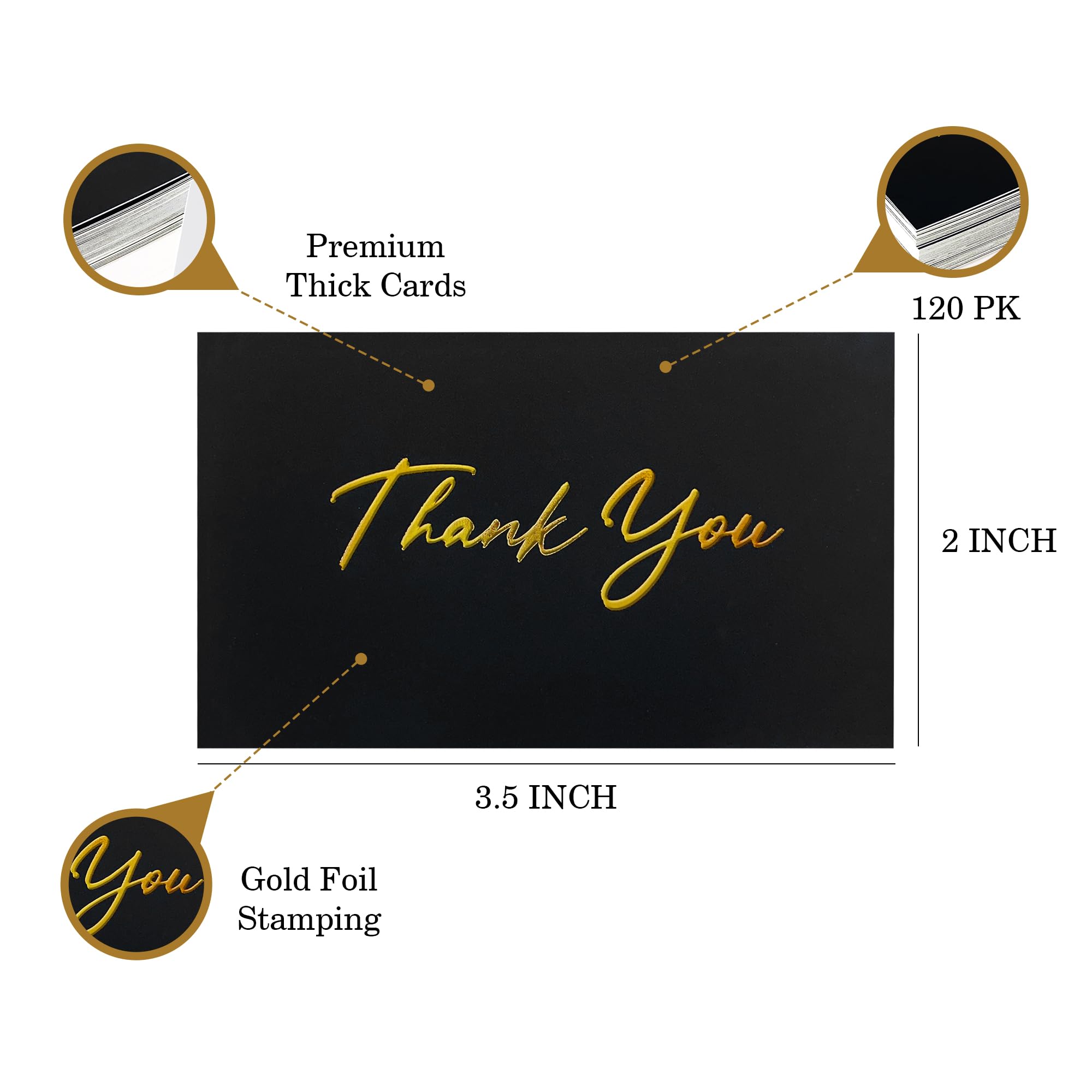 2x3.5 Inch 120-Pack Black Mini Thank You Cards with Gold Foil Text for Small Businesses, Flat, No-Fold Design - Elegant Customer Appreciation, Support Acknowledgement Cards