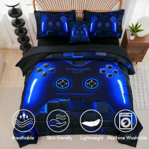 PERFEMET Twin Size Bed in A Bag 6 Pieces Gaming Bedding Set for Boys Blue Gamer Comforter with Sheet Set for Kids Teen Cool Video Game Black Quilt Bedding Set(Blue, Twin)