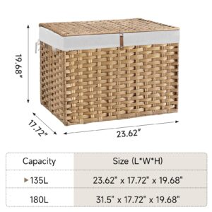 135L Wicker Storage Basket with Lid, Handwoven Large Shelf Basket with Removable Liner, 35.7 Gallon Wicker Basket for Blanket, Storage Trunk with Handle for Closet, Bedroom, Livingroom, Natural