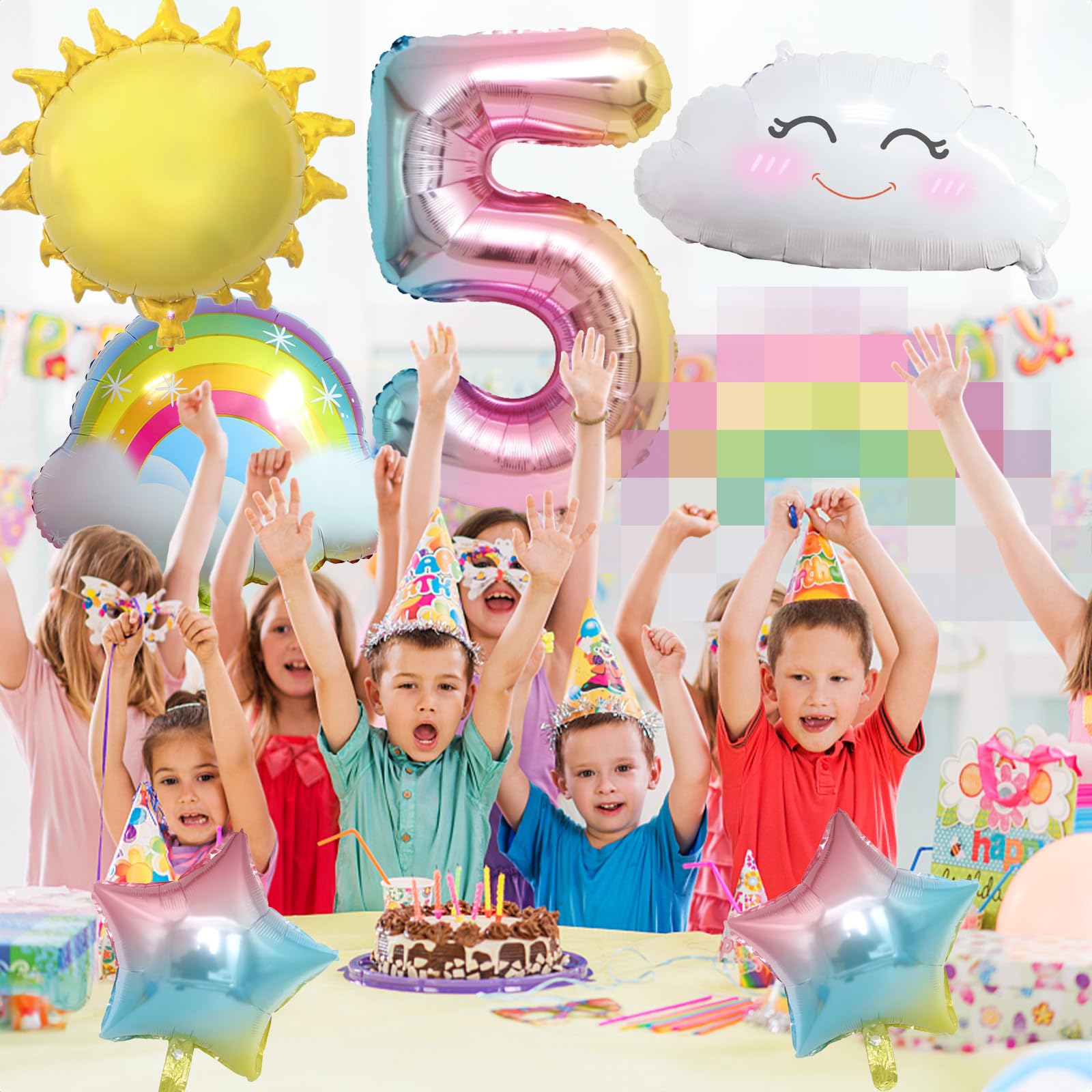 5th Birthday Decorations Girl, 5th Rainbow Birthday Balloons Set with Sun Rainbow Gradient Stars and 40 Inch Number 5 Foil Balloon for Rainbow Theme Girls 5th Birthday Party Decoration Supplies