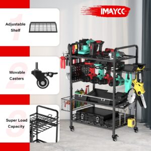 IMAYCC Power Tool Organizer Garage Storage 6 Drill Tool Holder Rack Rolling Tool Cart on Wheels 3 Tier Heavy Duty Metal Shelving for Drill Workshop Garage Organization Gift for Men Dad