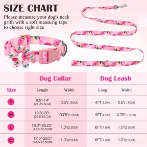 DQGHQME Dog Collar and Leash Set Girls 5ft/Foot Pink Dog Leash and Collar Adjustable Dog Harness and Leash Set Puppy Collars with Beautiful Floral Bow Tie for Small Medium Large Female Dogs,Rose Pink