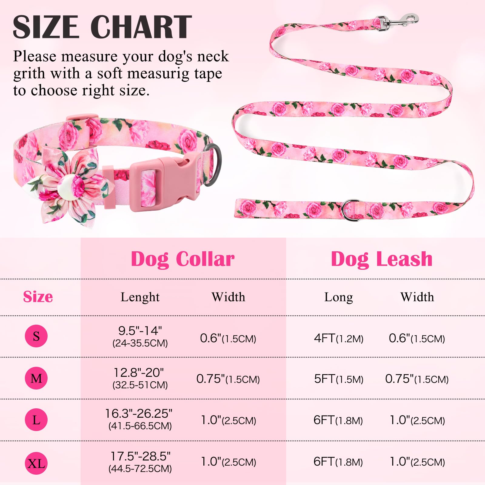 DQGHQME Dog Collar and Leash Set Girls 5ft/Foot Pink Dog Leash and Collar Adjustable Dog Harness and Leash Set Puppy Collars with Beautiful Floral Bow Tie for Small Medium Large Female Dogs,Rose Pink