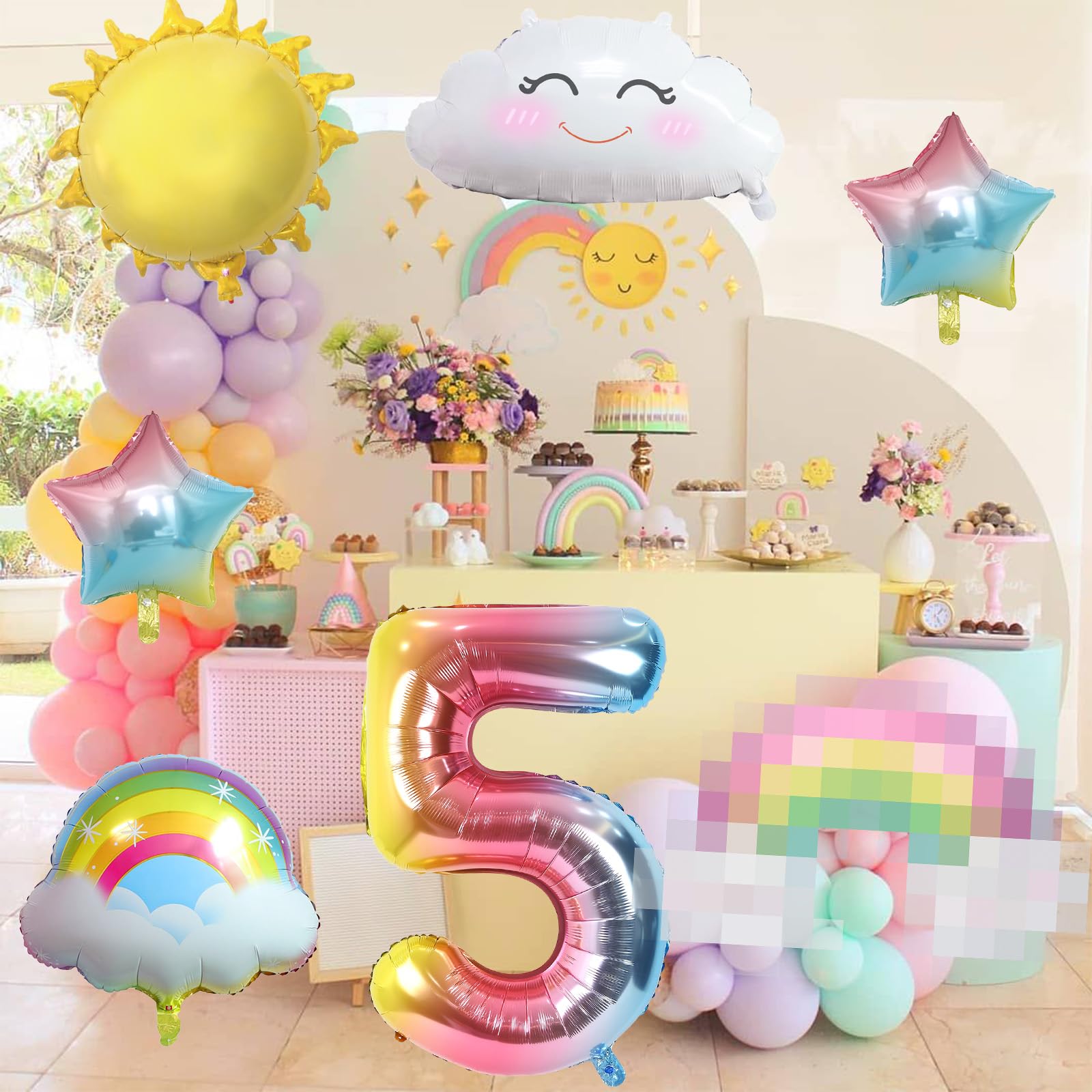 5th Birthday Decorations Girl, 5th Rainbow Birthday Balloons Set with Sun Rainbow Gradient Stars and 40 Inch Number 5 Foil Balloon for Rainbow Theme Girls 5th Birthday Party Decoration Supplies