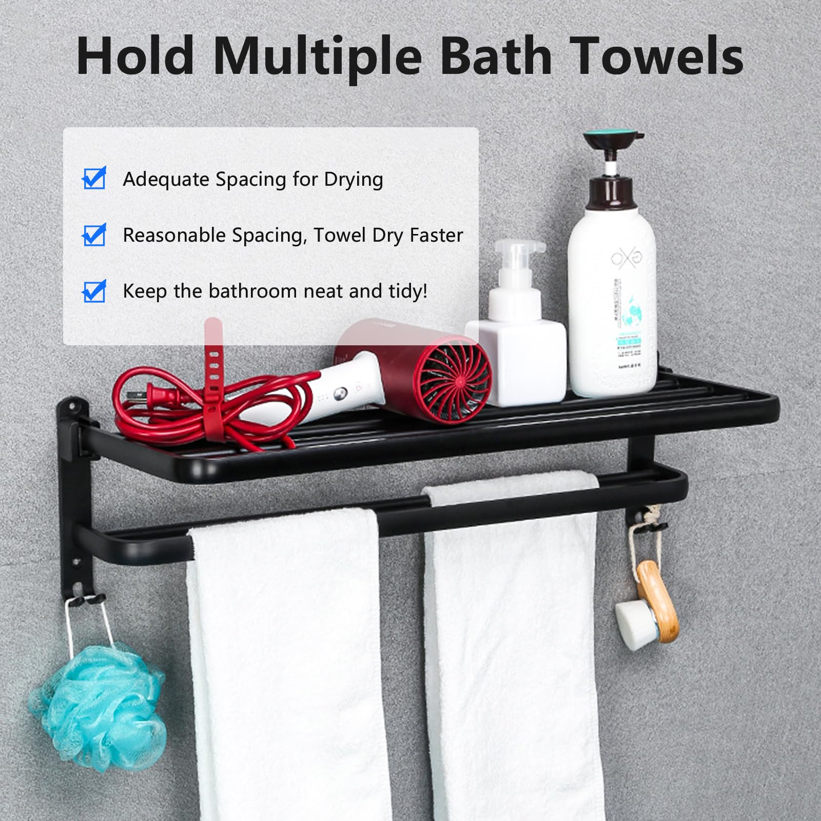 Towel Racks for Bathroom 24 inch, Matte Black Towel Rack Wall Mounted with Double Shelf, Bathroom Towel Shelf with Towel Bar, Rustproof Wall Towel Rack with Hooks, Adhesive Bath Towel Holder