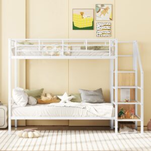 Harper & Bright Designs Twin Over Twin Bunk Beds with Storage Stairs & Wardrobe, Heavy Duty Metal Bunk Bed Frame with Guardrail for Kids, Teens, Adults, No Box Spring Needed, White