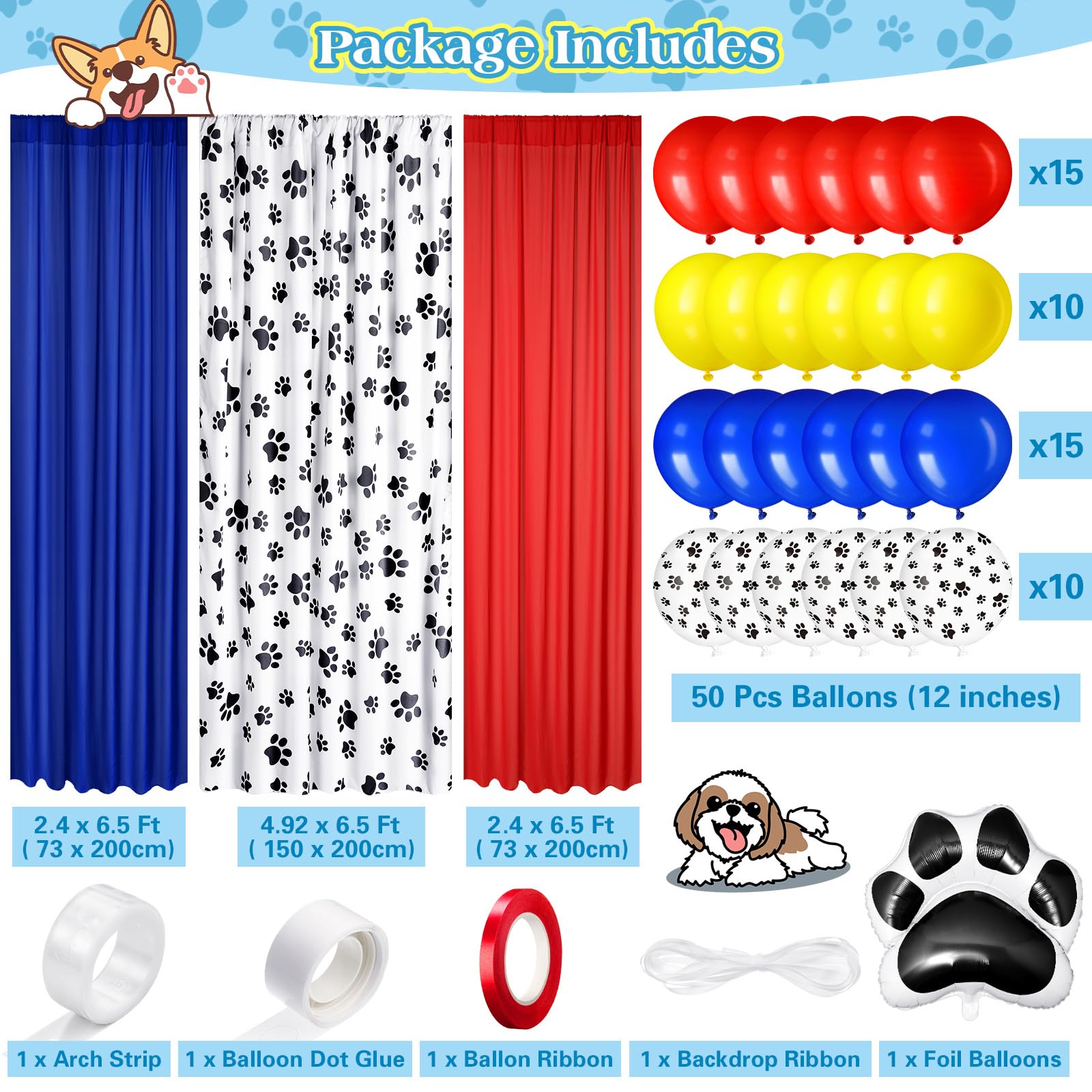 SmoothNovelty 57 Pcs Dog Paw Party Decorations, Paw Backdrop Curtains 50 Paw Theme Balloons with Accessories for Farm Animal Paw Theme Birthday Party Photo Supplies (Red Blue Series)