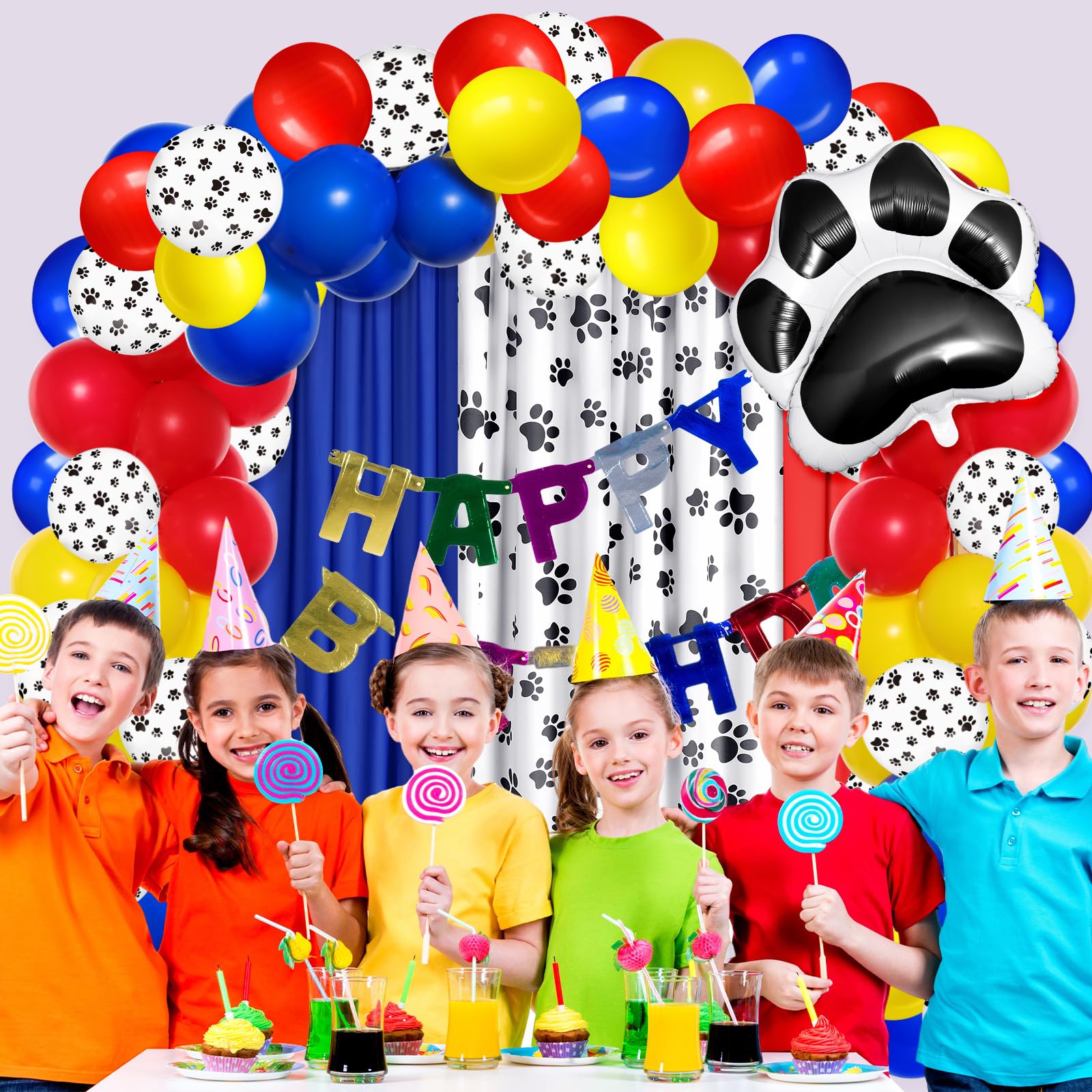 SmoothNovelty 57 Pcs Dog Paw Party Decorations, Paw Backdrop Curtains 50 Paw Theme Balloons with Accessories for Farm Animal Paw Theme Birthday Party Photo Supplies (Red Blue Series)