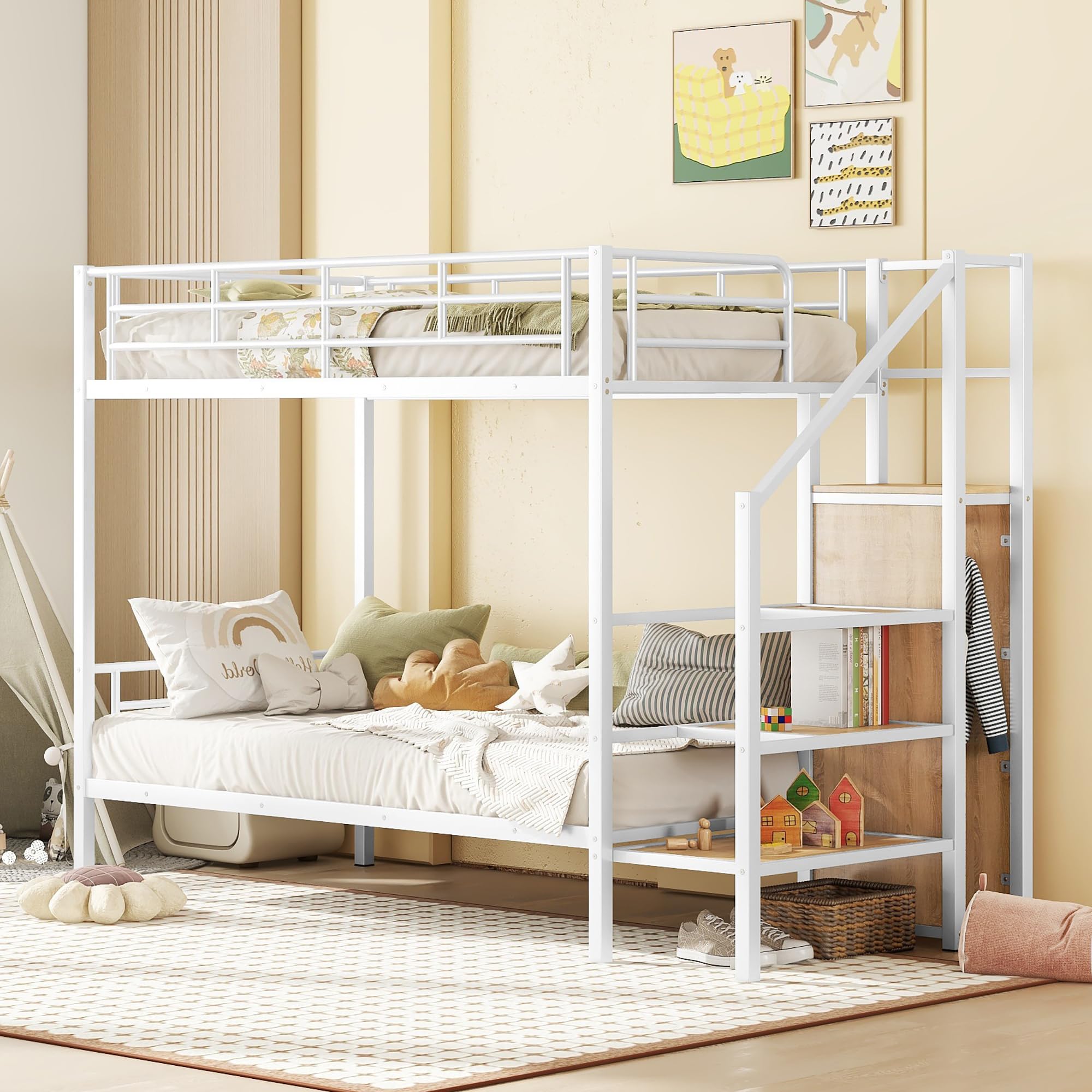 Harper & Bright Designs Twin Over Twin Bunk Beds with Storage Stairs & Wardrobe, Heavy Duty Metal Bunk Bed Frame with Guardrail for Kids, Teens, Adults, No Box Spring Needed, White