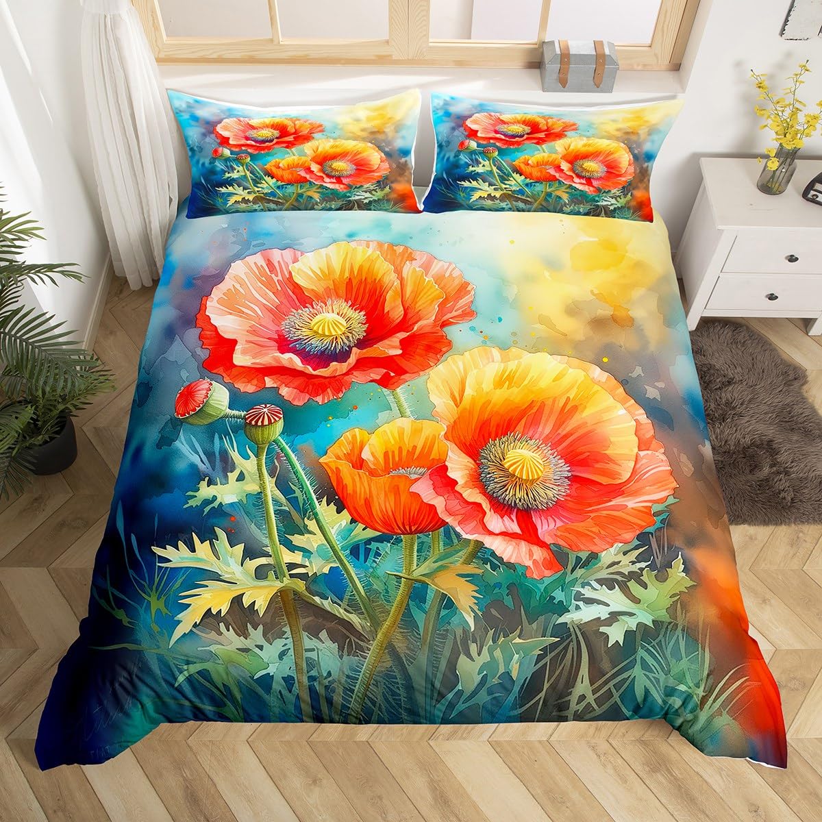 Trippy Poppy Duvet Cover Set Queen Size,Hand Drawn Exotic Flowers Rustic Bedding Set,Boys Girls Room Decor,Wild Botanical Plants Comforter Cover,Red Bright Boho Quilt Cover,2 Pillowcases,No Comforter