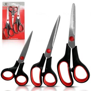 scissors all purpose heavy duty pack of 3 – ultra sharp stainless steel craft scissors – ergonomic handle office scissors with comfortable non-slip grip – adult scissors for sewing, arts, crafts