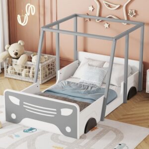 homsof twin size car-shaped bed with roof,wooden twin floor bed with wheels and door design,montessori inspired bedroom,grey