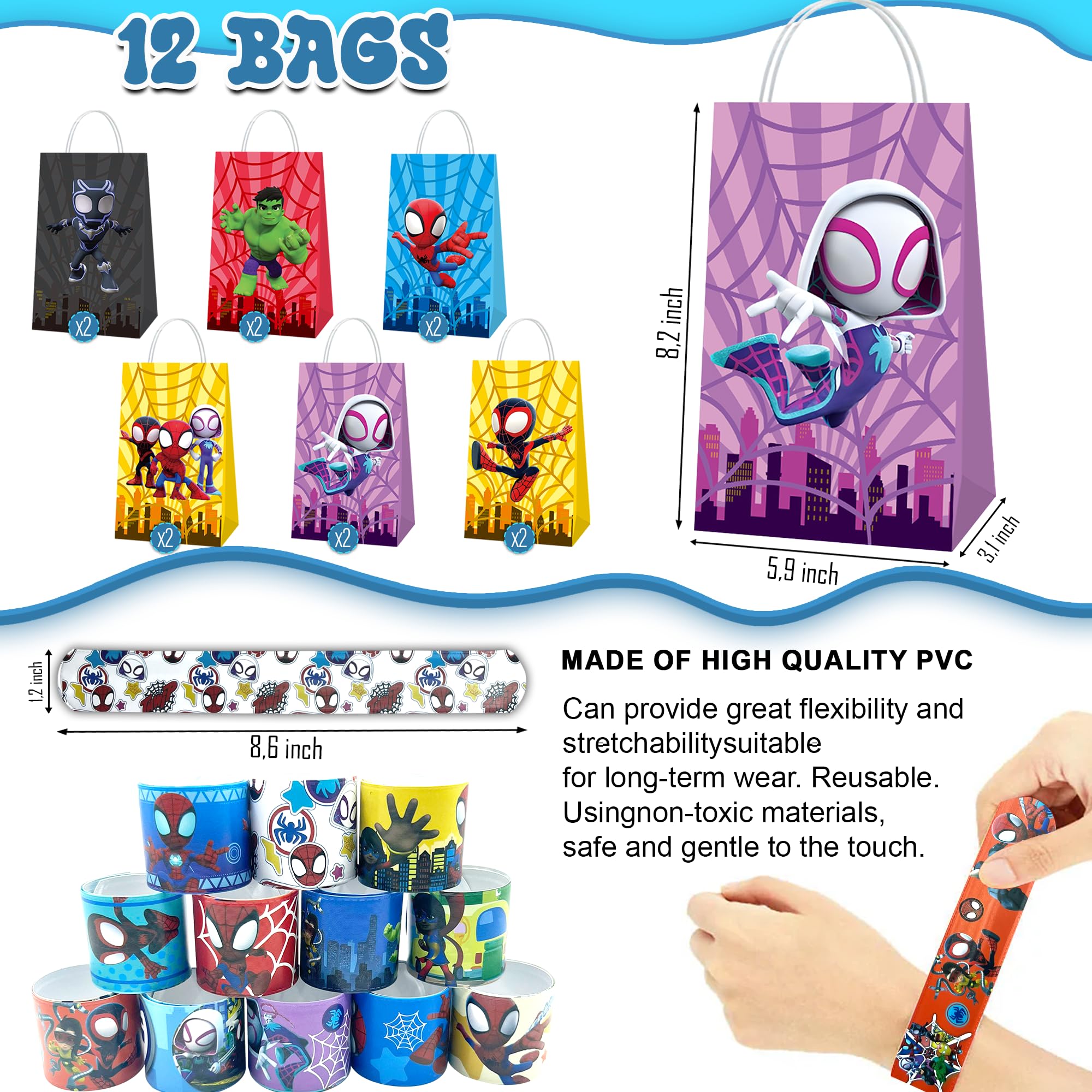 116 PCS Spider and His Amazing Friends Party Favor for Kids Birthday, Spider Superhero Supplies Gifts and Theme Decorations, Classroom Rewards, Include Mask, Slap Bracelet, Bags, Stickers, Keychains