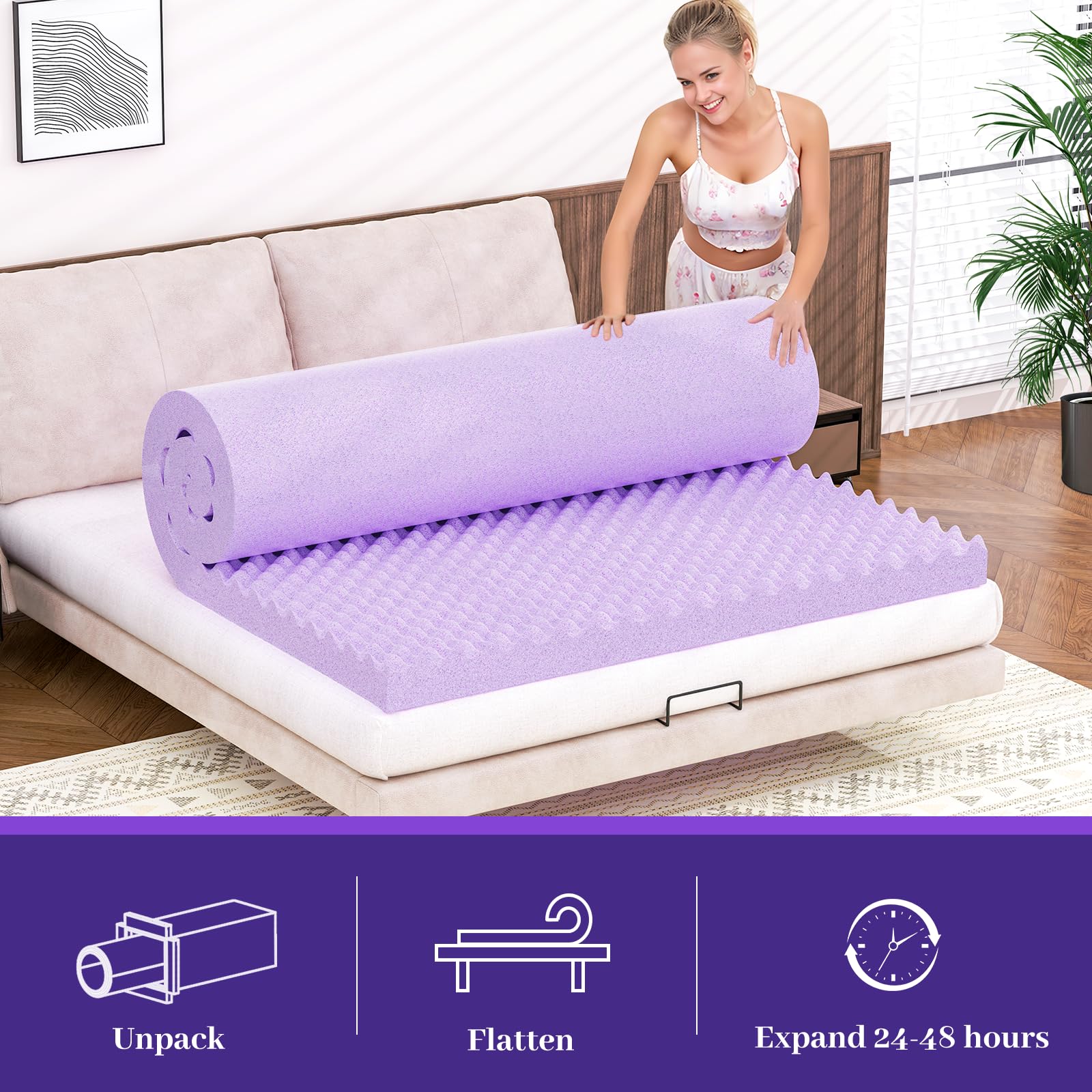 BlissTrends 3 Inch Memory Foam Mattress Topper Queen Size, Extra Thick Plush Mattress Pad, Gel Infusion, CertiPUR-US Certified Mattress Topper for College, Dorm, Bedroom - Purple