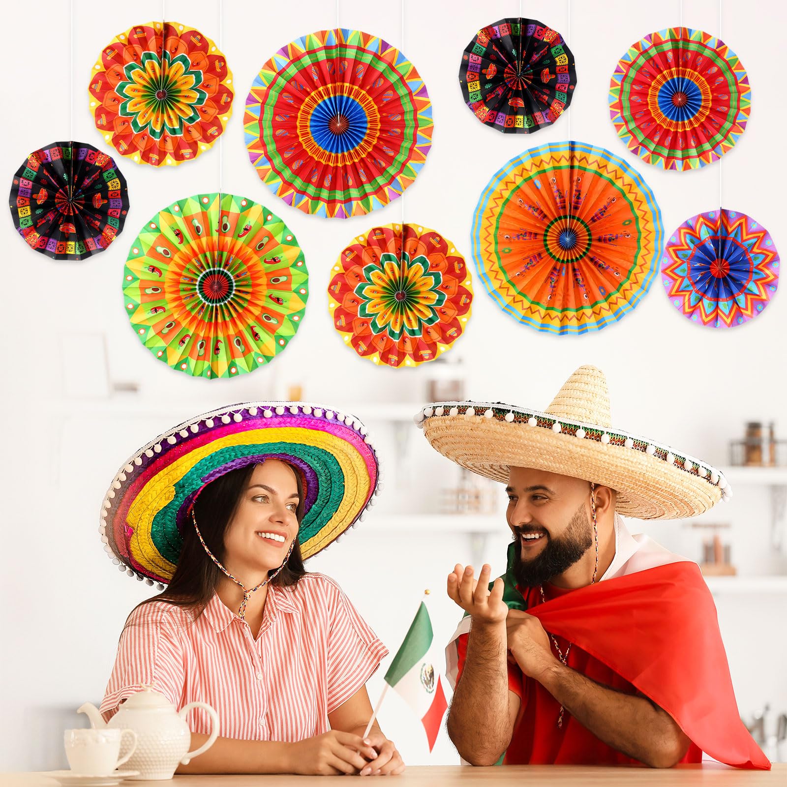 Outus 9 PCS Mexican Fiesta Hanging Paper Fans Decorations Fiesta Party Supplies Cinco De Mayo Ceiling Wall Decor for Taco Tuesday Event Decor Luau Event Photo Props Carnival Supplies