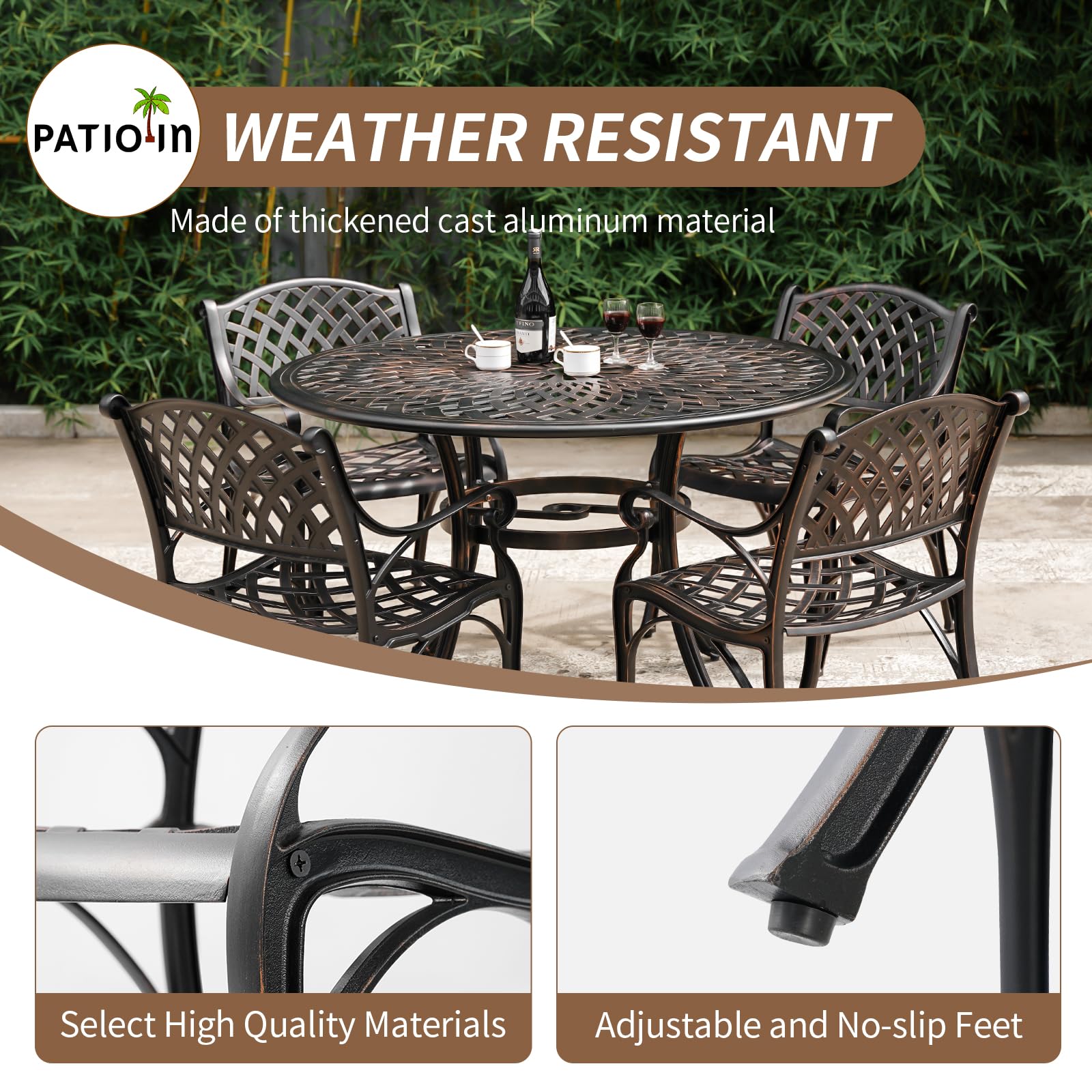 PATIO-IN Cast Aluminum Patio Dining Chairs Set of 2 Outdoor Patio Bistro Chairs with Armrest,Metal Patio Furniture Chair Set for Garden,Patio Chair Bronze