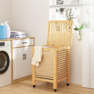 Laundry Hamper with Lid and Wheels, Bamboo Rolling Laundry Hamper with 2 Sections and Removable Liners Bags 120L, Versatile Storage Solutions for Blanket, Toys, Towels (Natural)