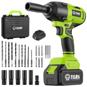 tilax 21v cordless power impact wrench 516ft-lbs(700n.m) high torque 1/2 inch 4.0ah battery electric impact gun with brushless motor 2300rpm speed fast charger 5pcs sockets for car lug nuts