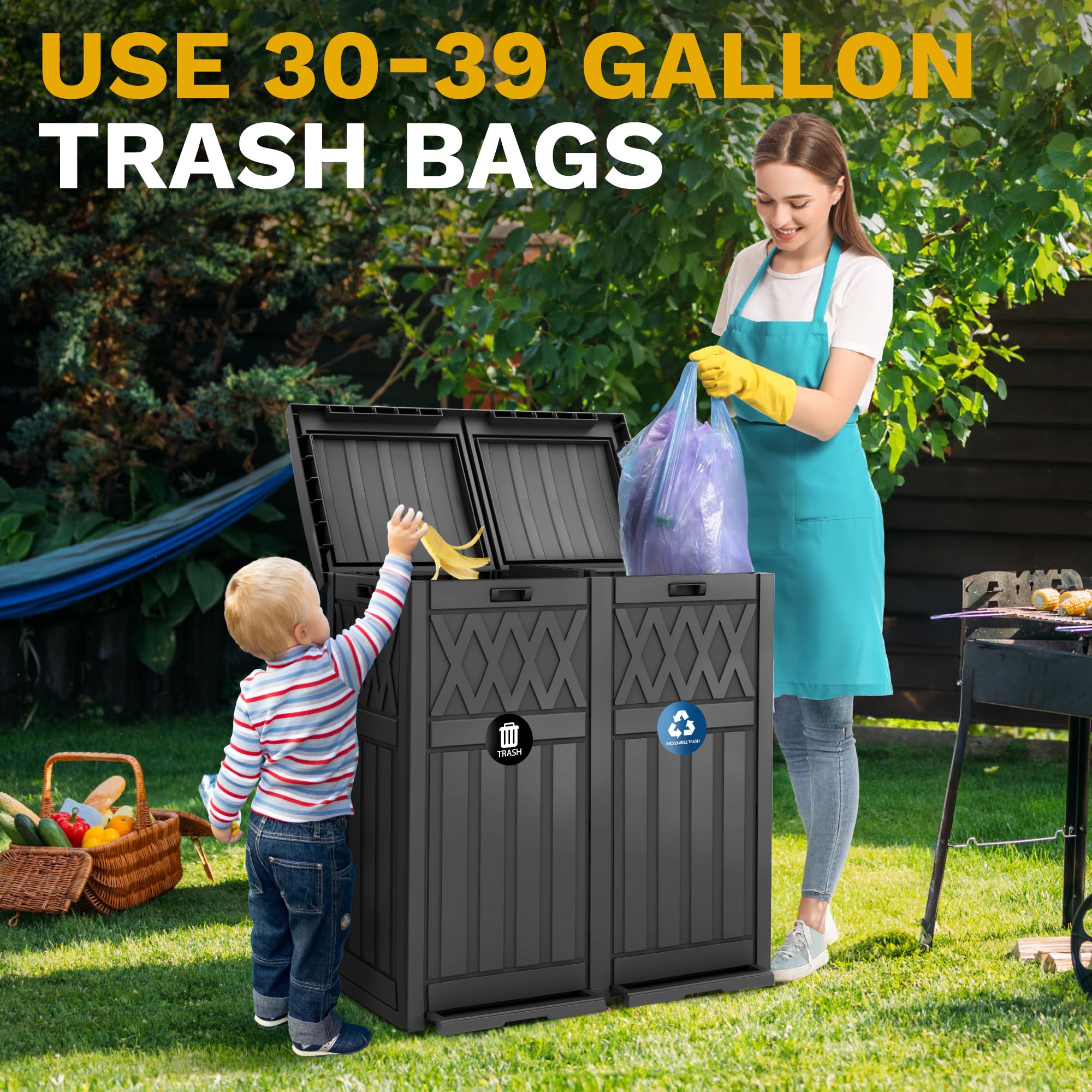 DWVO 76 Gallon Garbage Dual Can, Resin Outdoor Trash Can with Tiered Lid and Drip Tray, Waterproof Trash Bin for Patio, Kitchen, Backyard (Black)