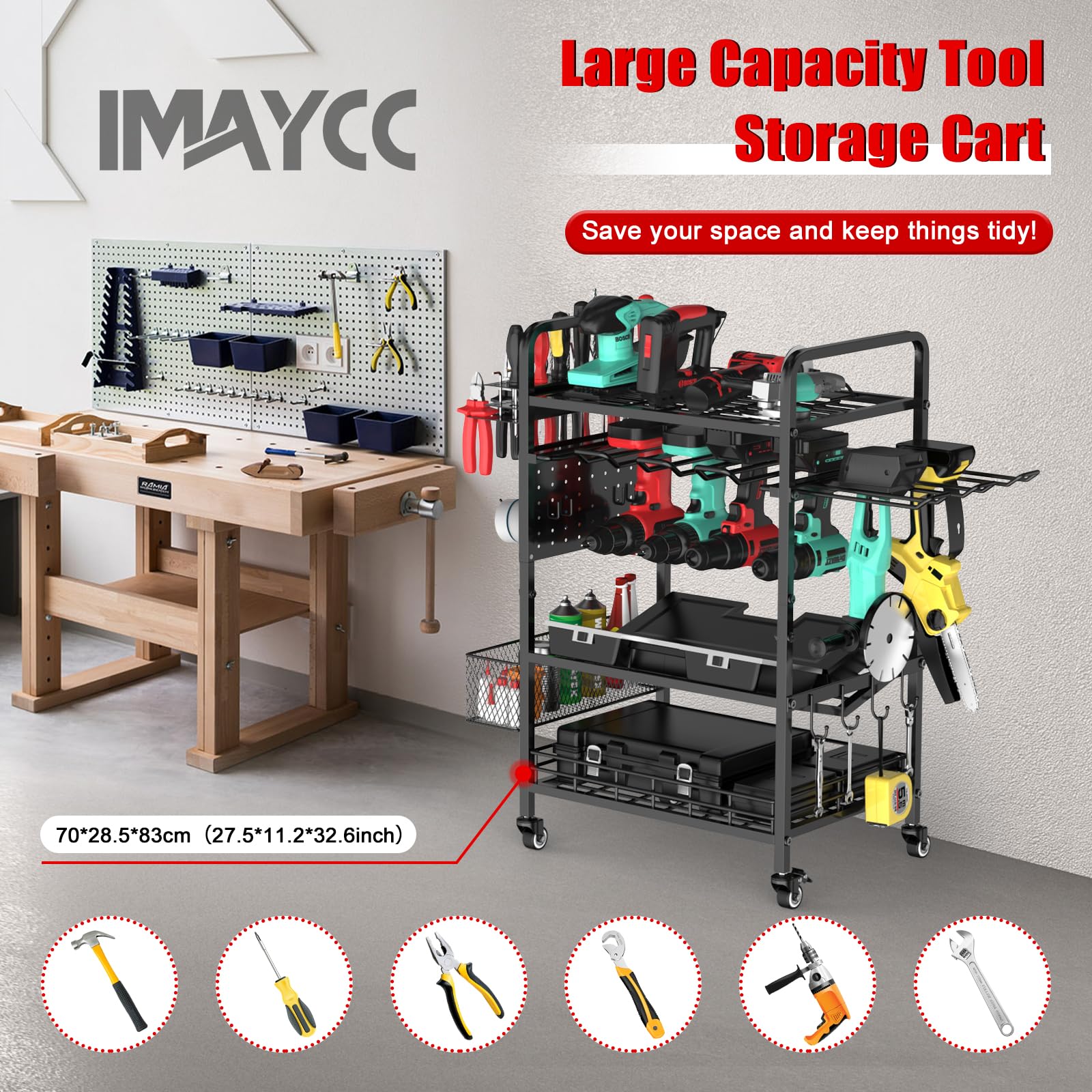 IMAYCC Power Tool Organizer Garage Storage 6 Drill Tool Holder Rack Rolling Tool Cart on Wheels 3 Tier Heavy Duty Metal Shelving for Drill Workshop Garage Organization Gift for Men Dad