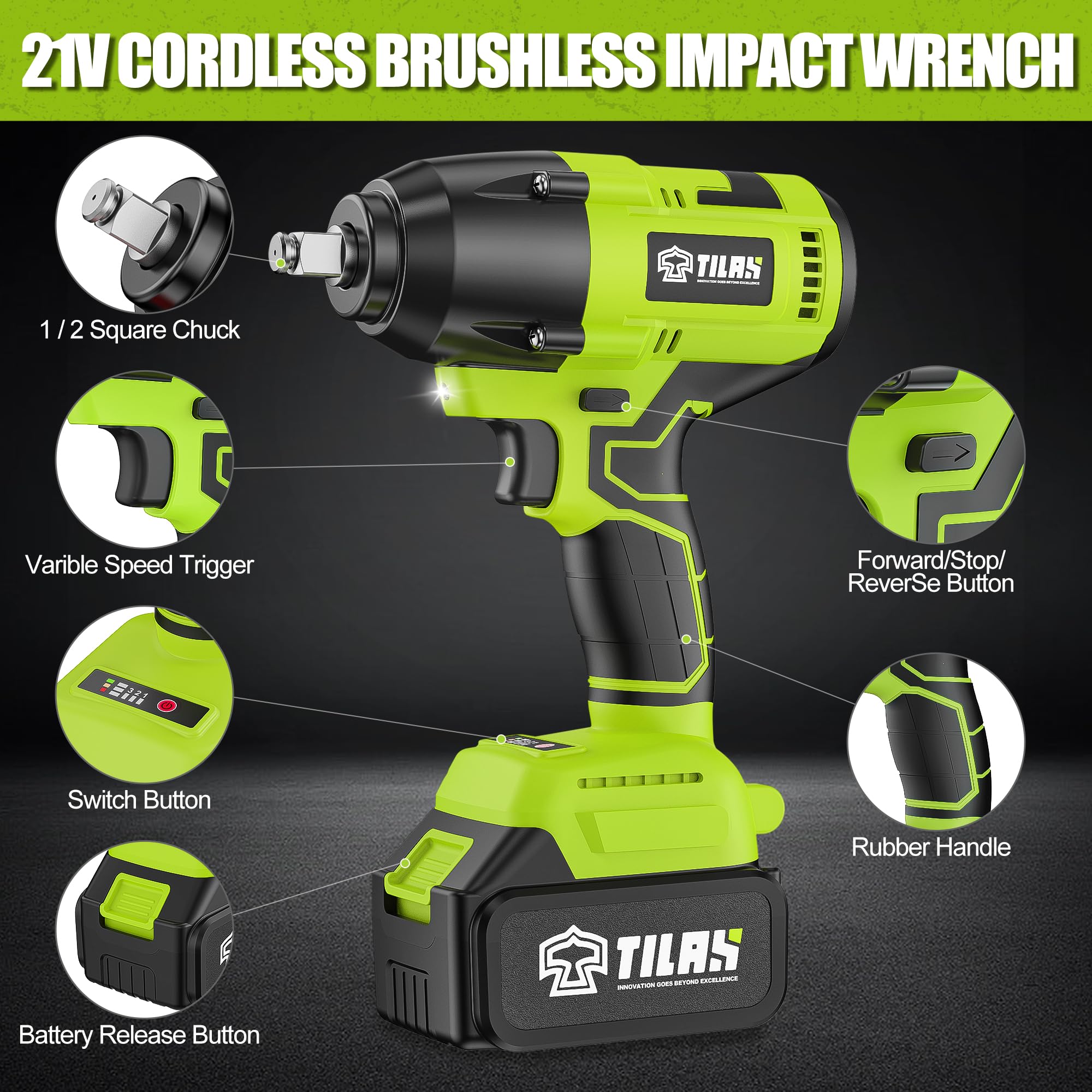 TILAX 21V Cordless Power Impact Wrench 516Ft-lbs(700N.m) High Torque 1/2 inch 4.0Ah Battery Electric Impact Gun with Brushless Motor 2300RPM Speed Fast Charger 5pcs Sockets for Car Lug Nuts