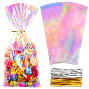 ohuimrt iridescent cellophane treat bags, 5 x 11 inches plastic holographic goodie bags, 100 pcs party favor bags with 100 pcs ties for candies, snacks, small gifts