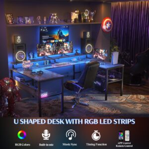 Hyomdeck Customizable U Shaped Desk & L Shaped Office Desks with RGB LED Light, Adjustable Monitor Stand and Power Outlets, Reversible Computer Desk with Storage, Large L Shape Gaming Table, Black Oak