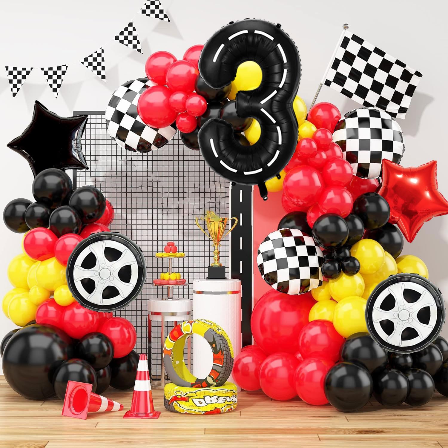 Race Car Birthday Balloons Decorations, 40 Inch Racetrack Black Number 3 Balloon, Eostankr Large Mylar Black 3 Balloon for 3st Birthday Race Car Theme Party Decor Supplies 7 Pcs