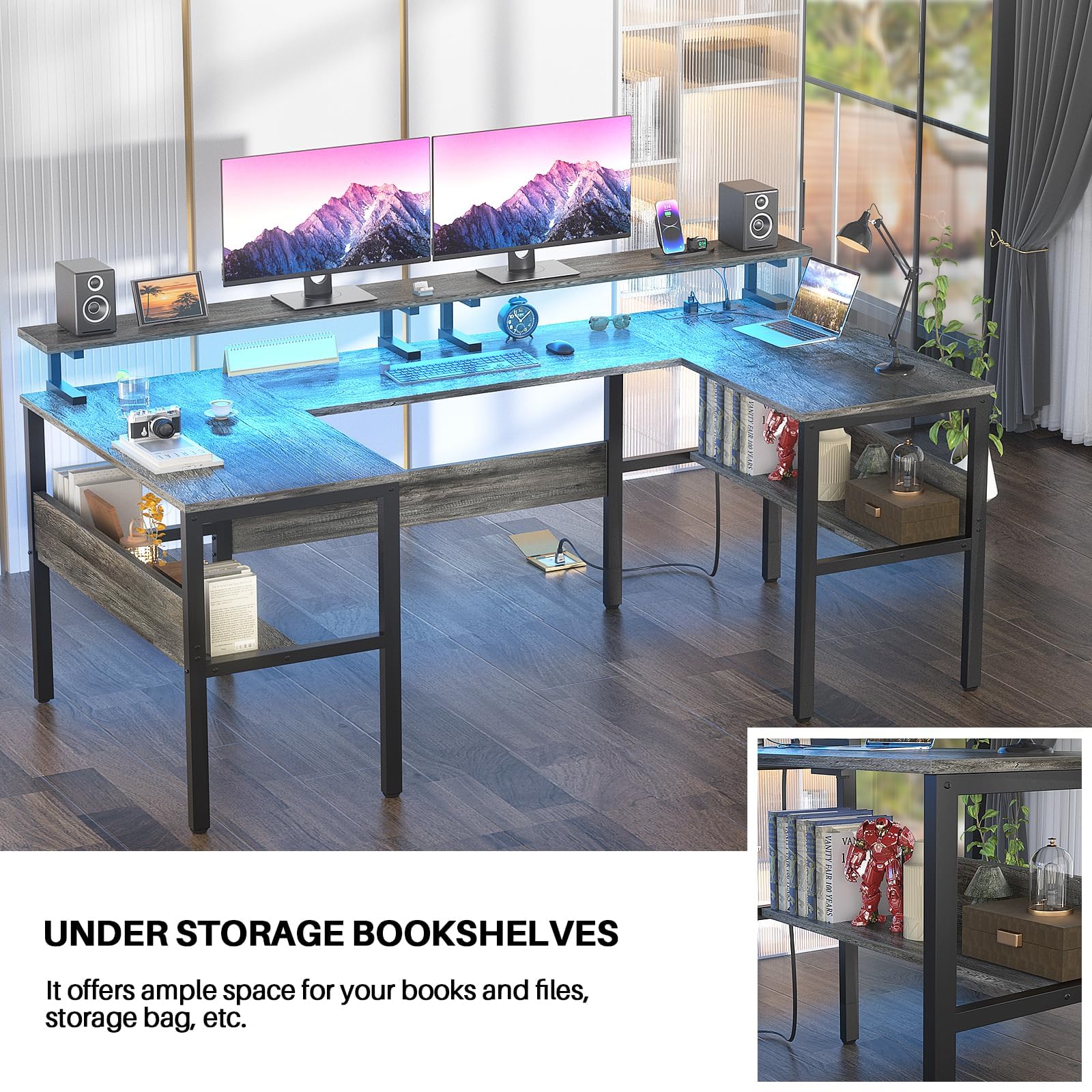 Hyomdeck Customizable U Shaped Desk & L Shaped Office Desks with RGB LED Light, Adjustable Monitor Stand and Power Outlets, Reversible Computer Desk with Storage, Large L Shape Gaming Table, Black Oak